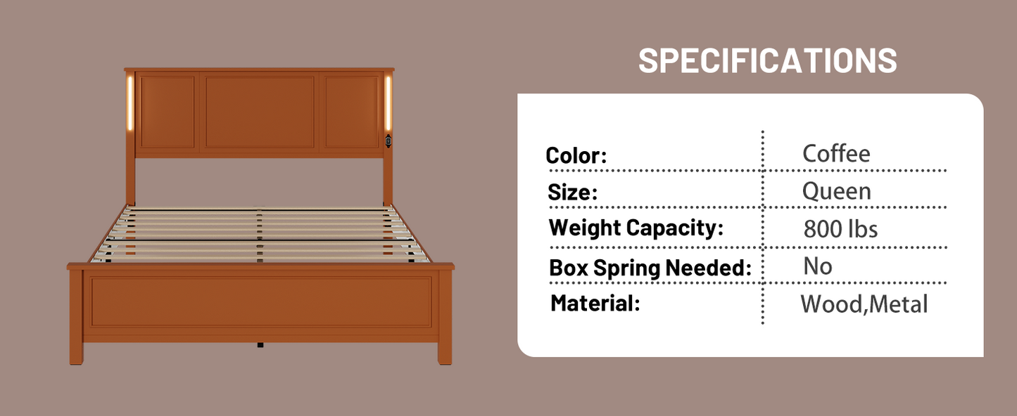 Queen size coffee wood bed frame with integrated LED headboard lights