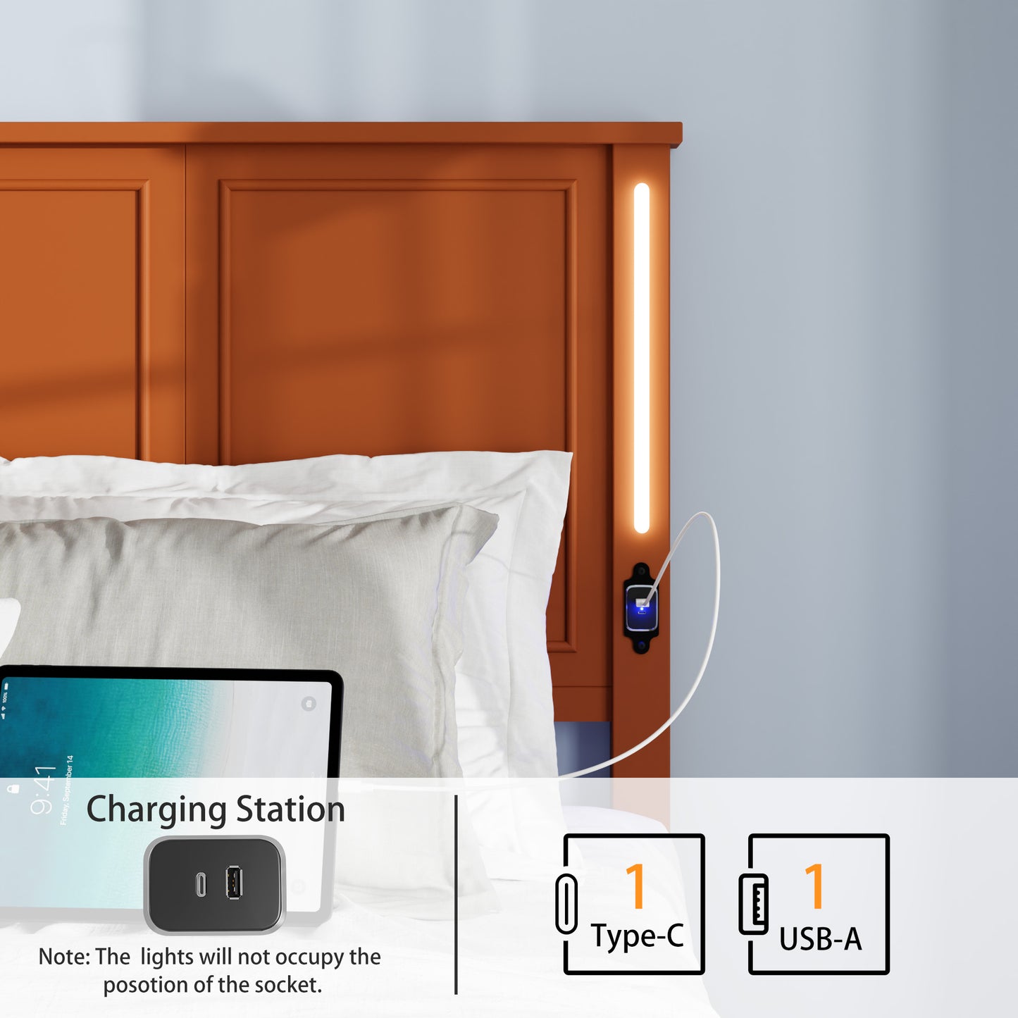 Orange headboard with integrated LED lighting and charging ports