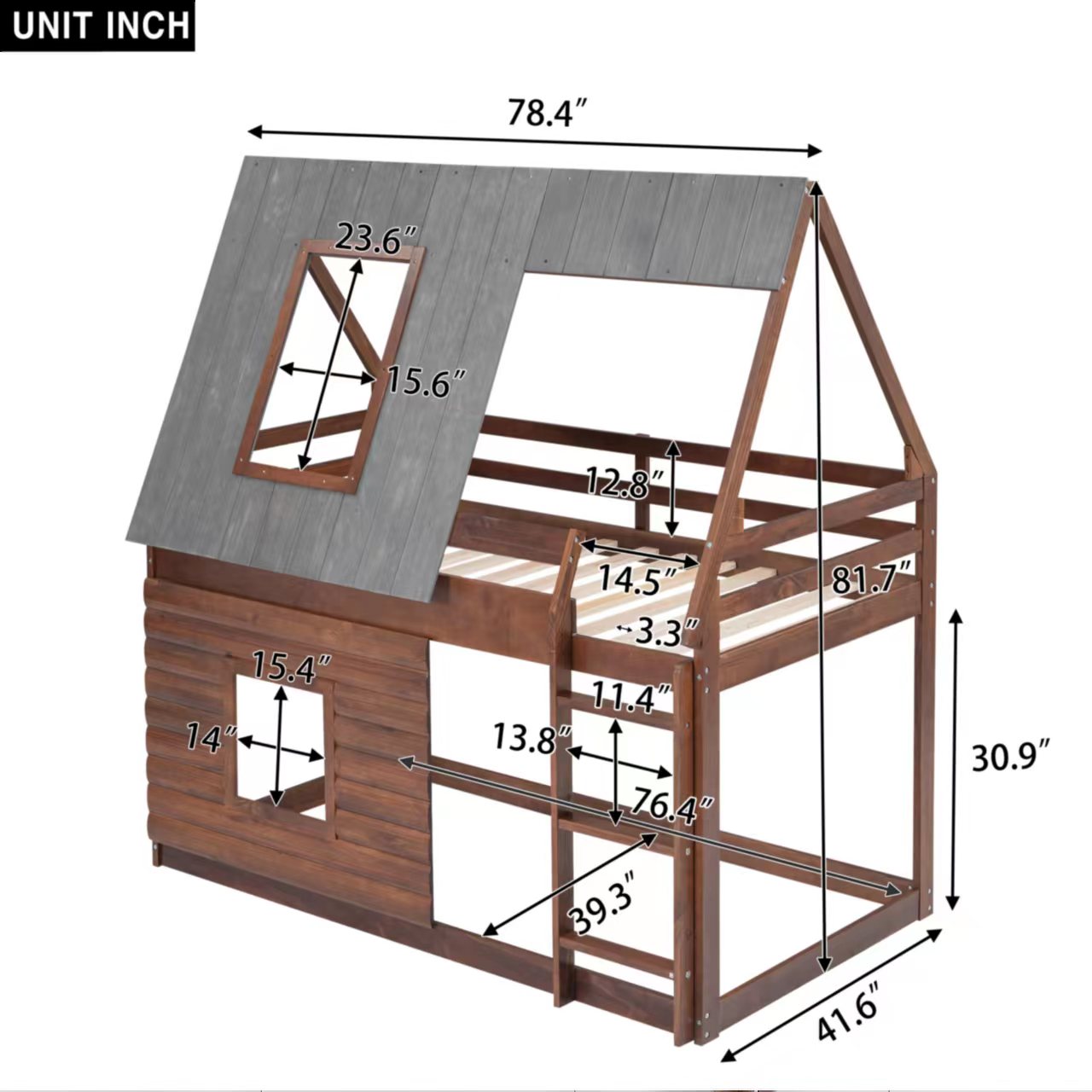 Wooden twin over twin bunk bed with house roof design