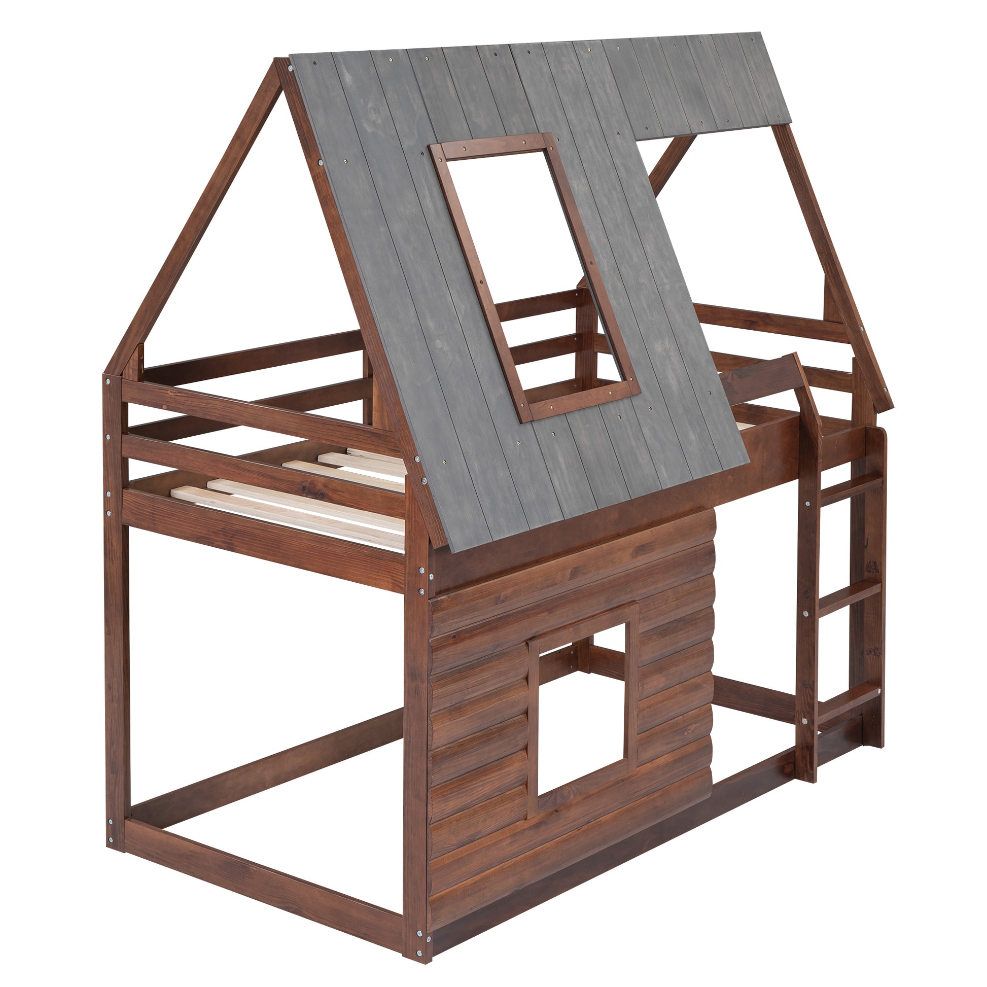 Wooden house bunk bed with grey roof and ladder