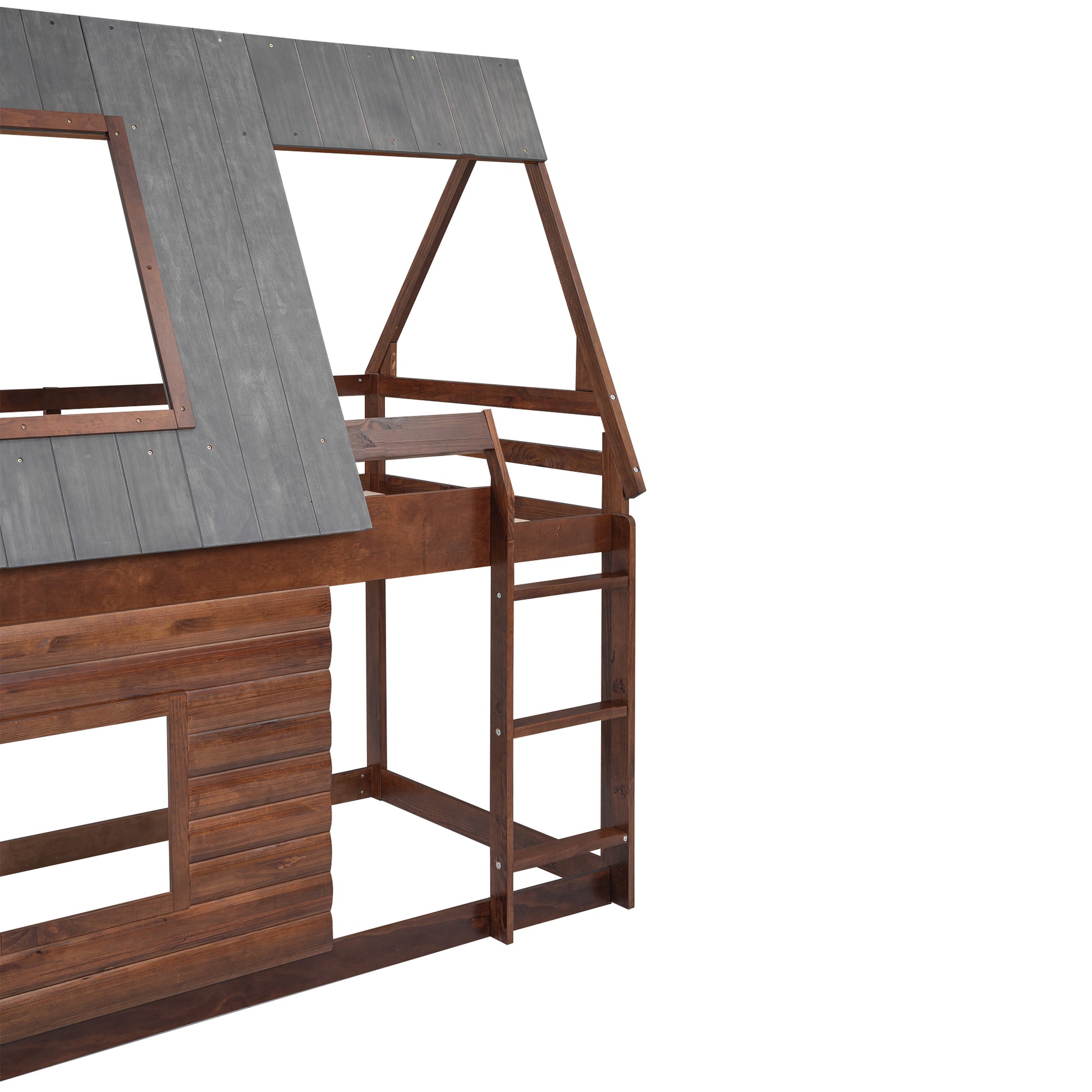 Dark wood loft bed with grey shingle roof detail and ladder