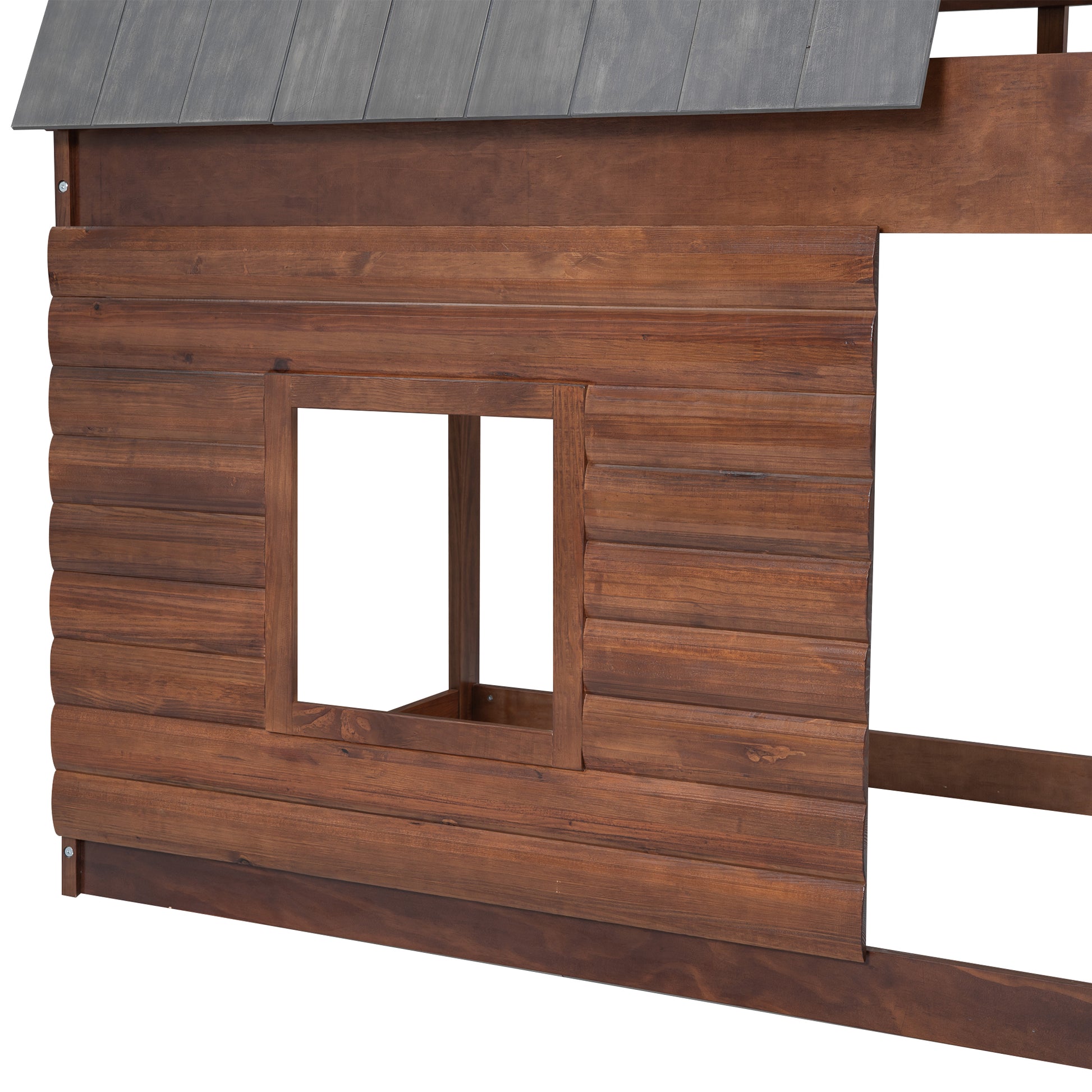 Rustic brown wooden playhouse wall with window opening and shingled roof detail