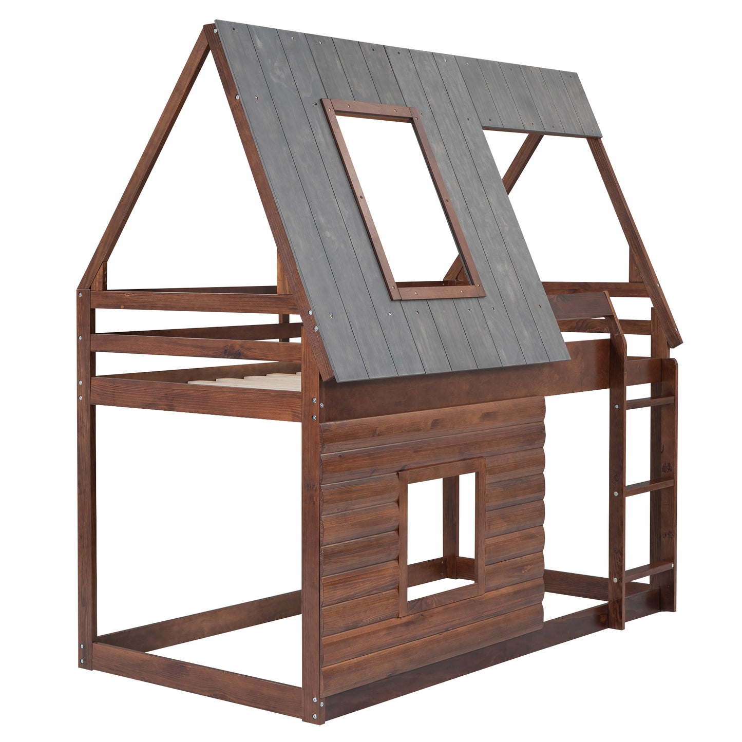Wooden house bunk bed with grey roof and ladder