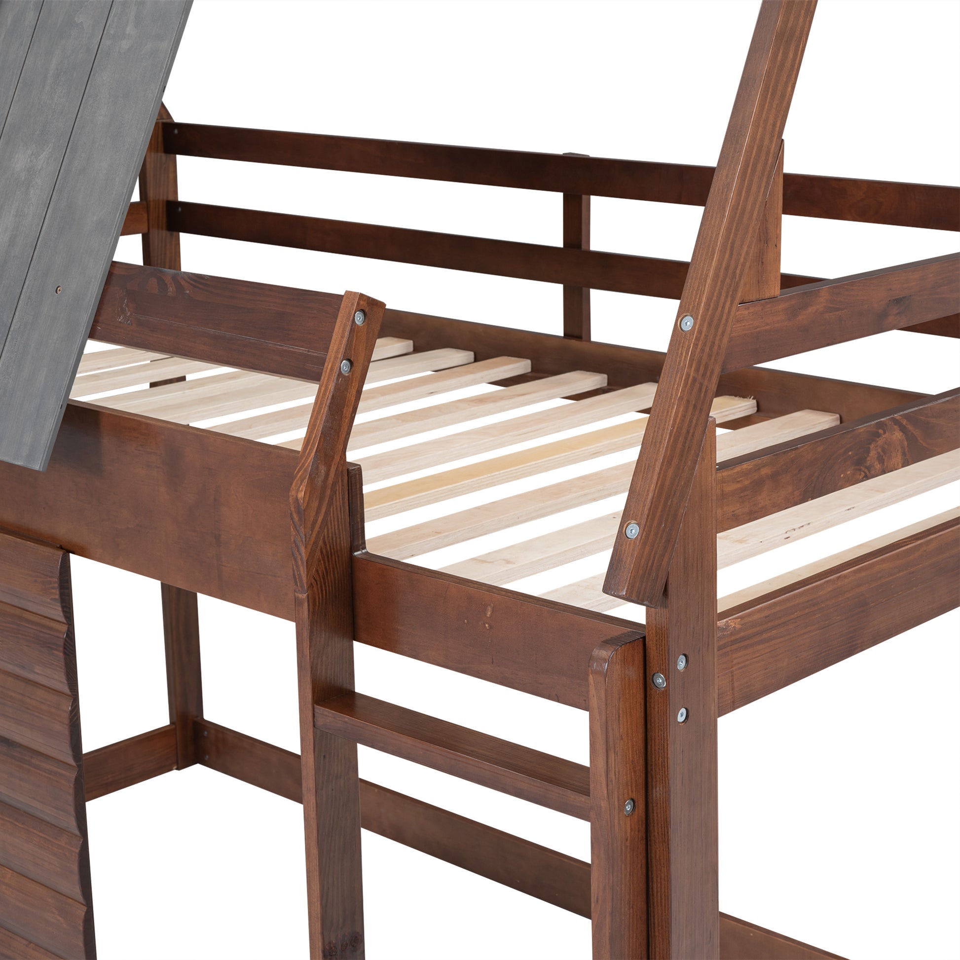 Dark wood loft bed frame with slatted base