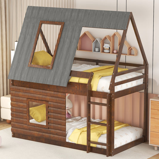 Wooden log cabin bunk bed with houseshaped roof and yellow accents