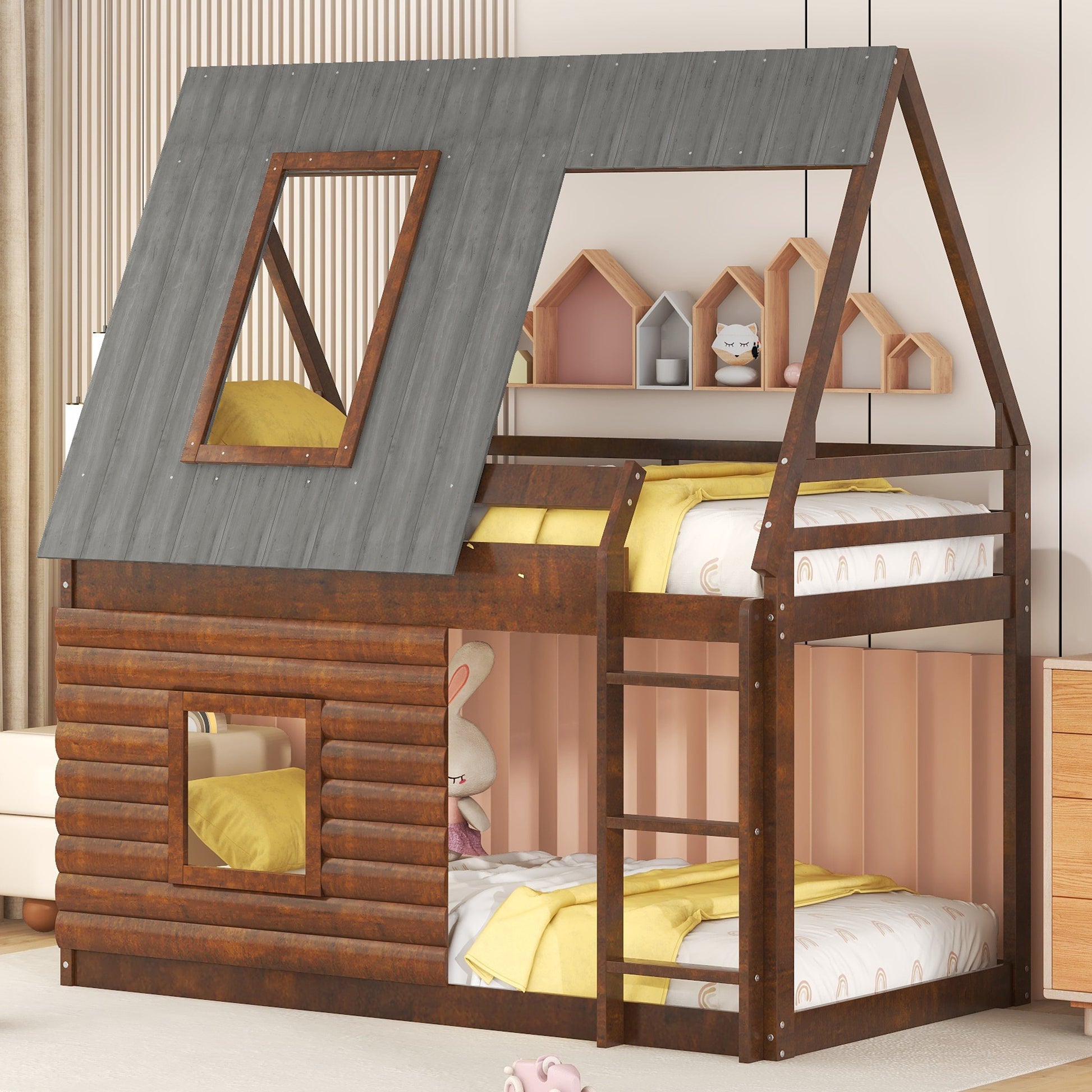 Rustic wood twin over twin bunk bed with playful house design and yellow bedding for kids