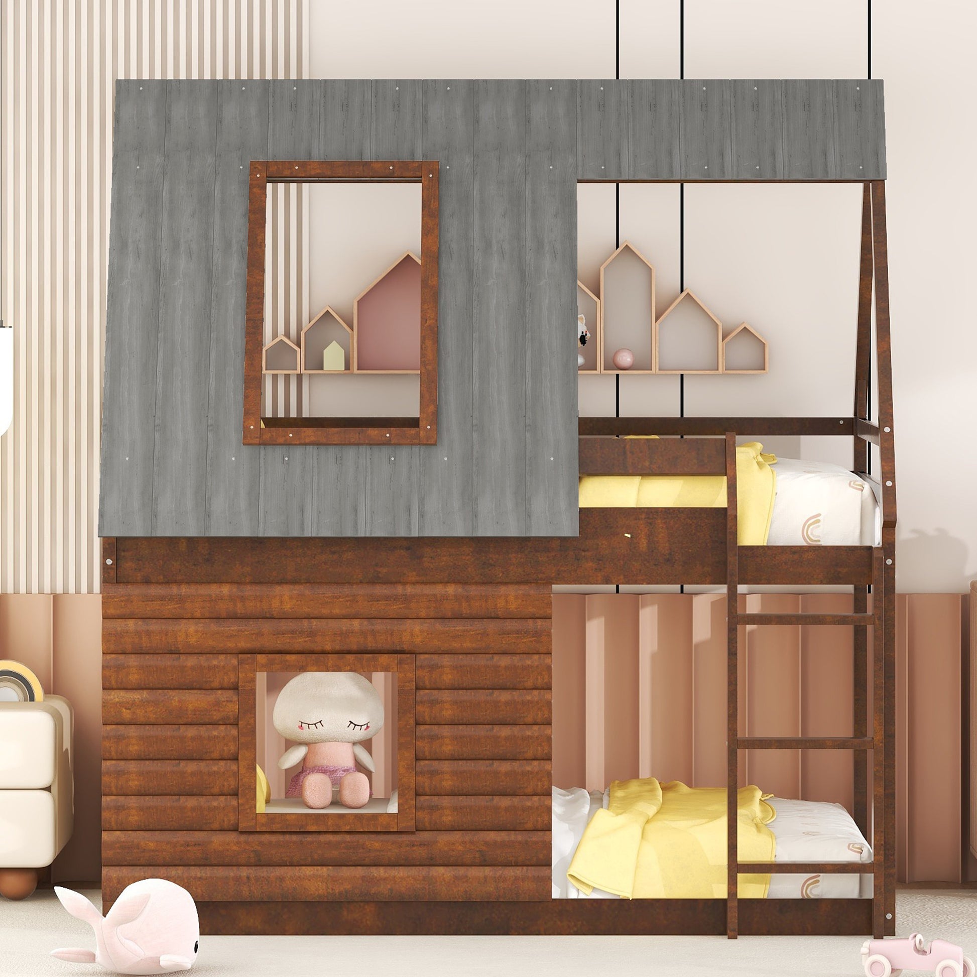 Rustic wood and grey panel bunk bed with yellow bedding