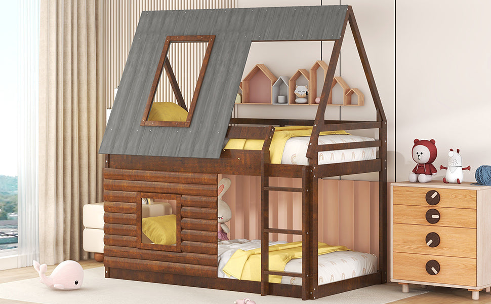 Wooden house bunk bed with rustic log design and grey roof