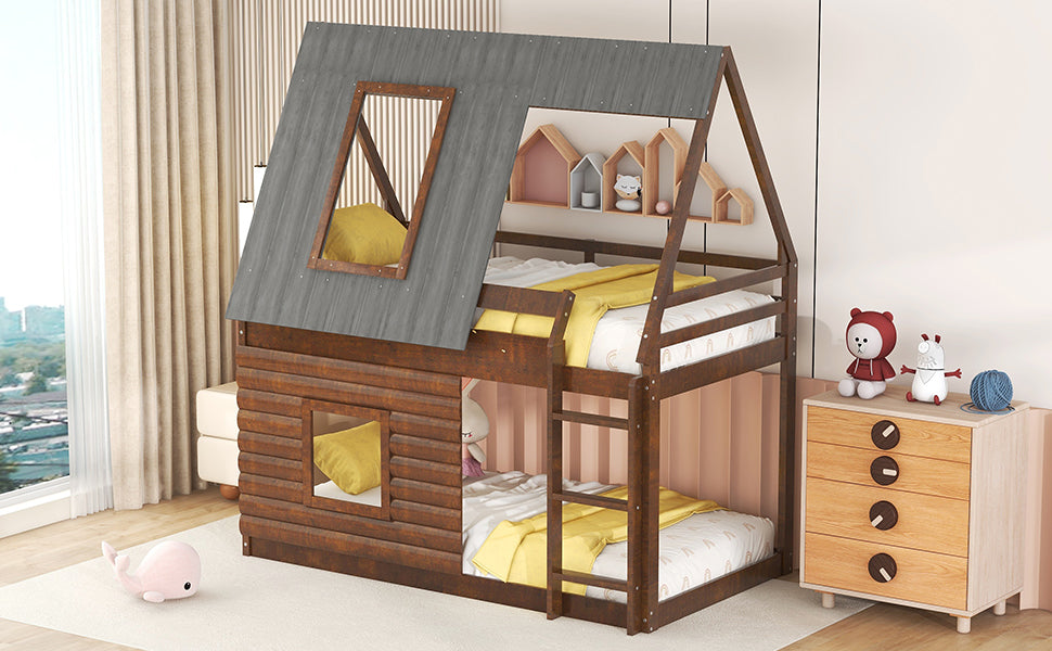 Rustic wood twin over twin bunk bed with houseshaped frame