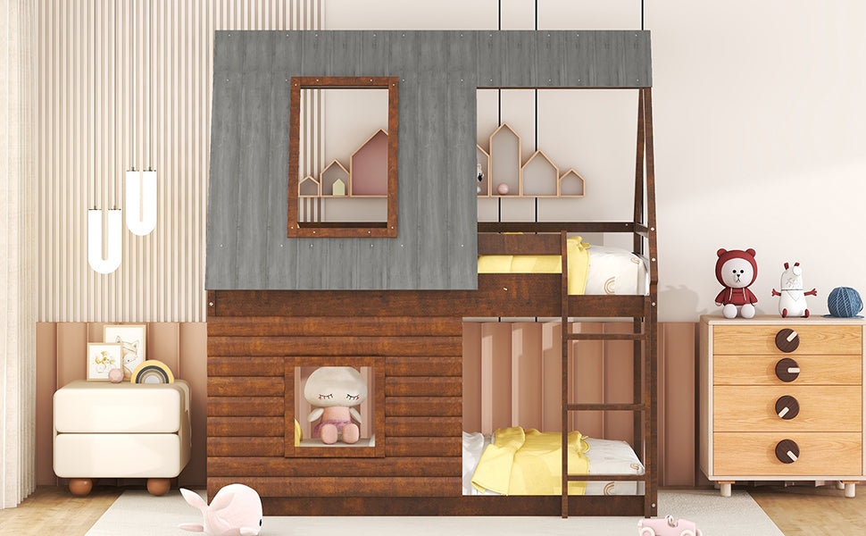 Rustic wood and grey bunk bed with yellow bedding for kids room