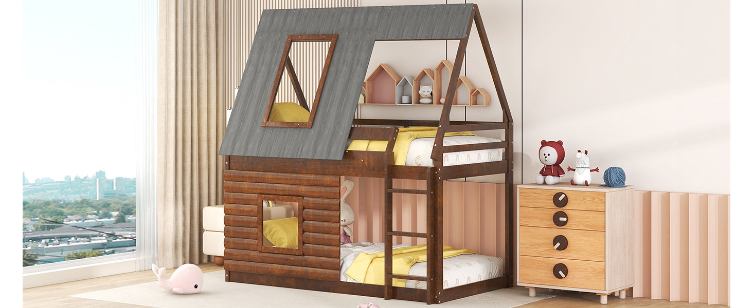 Wooden twin over twin bunk bed with houseshaped frame