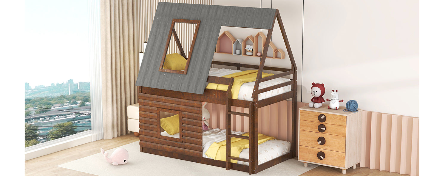 Wooden cabin bunk bed with grey roof and yellow bedding