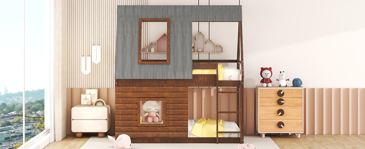 Wooden bunk bed with rustic wood finish and grey panel accents