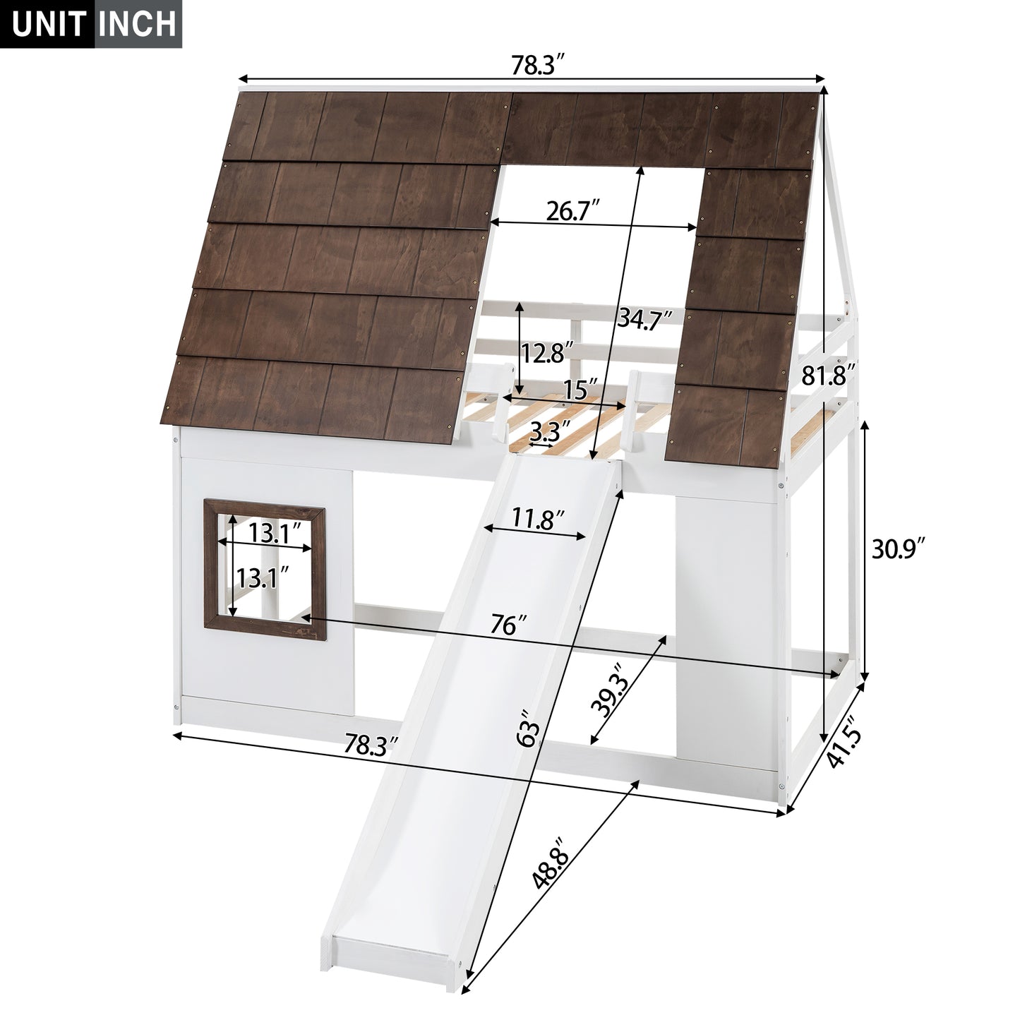 White wood twin loft bed with brown woodshingled roof and white slide