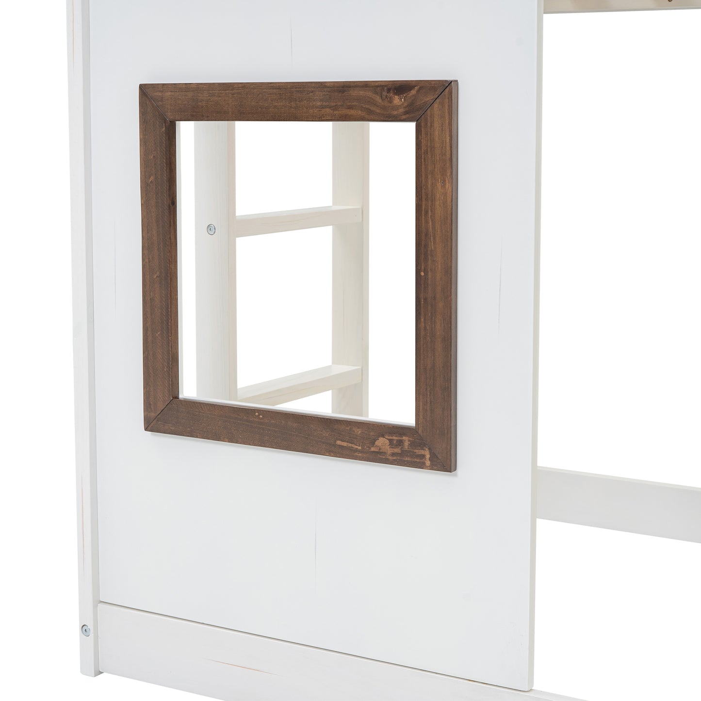 White wooden playhouse bed with dark wood framed window detail