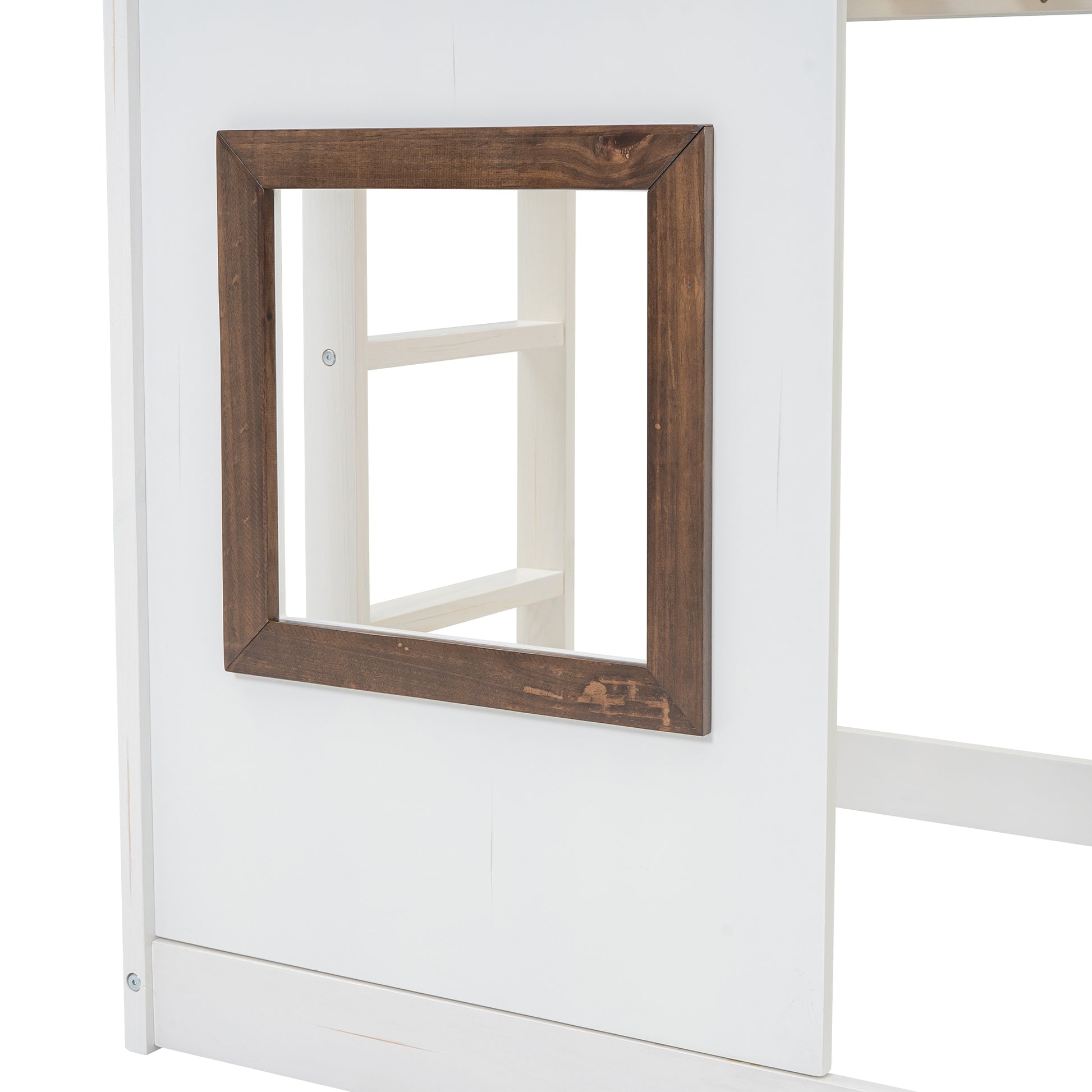 White wooden playhouse bed with dark wood framed window detail