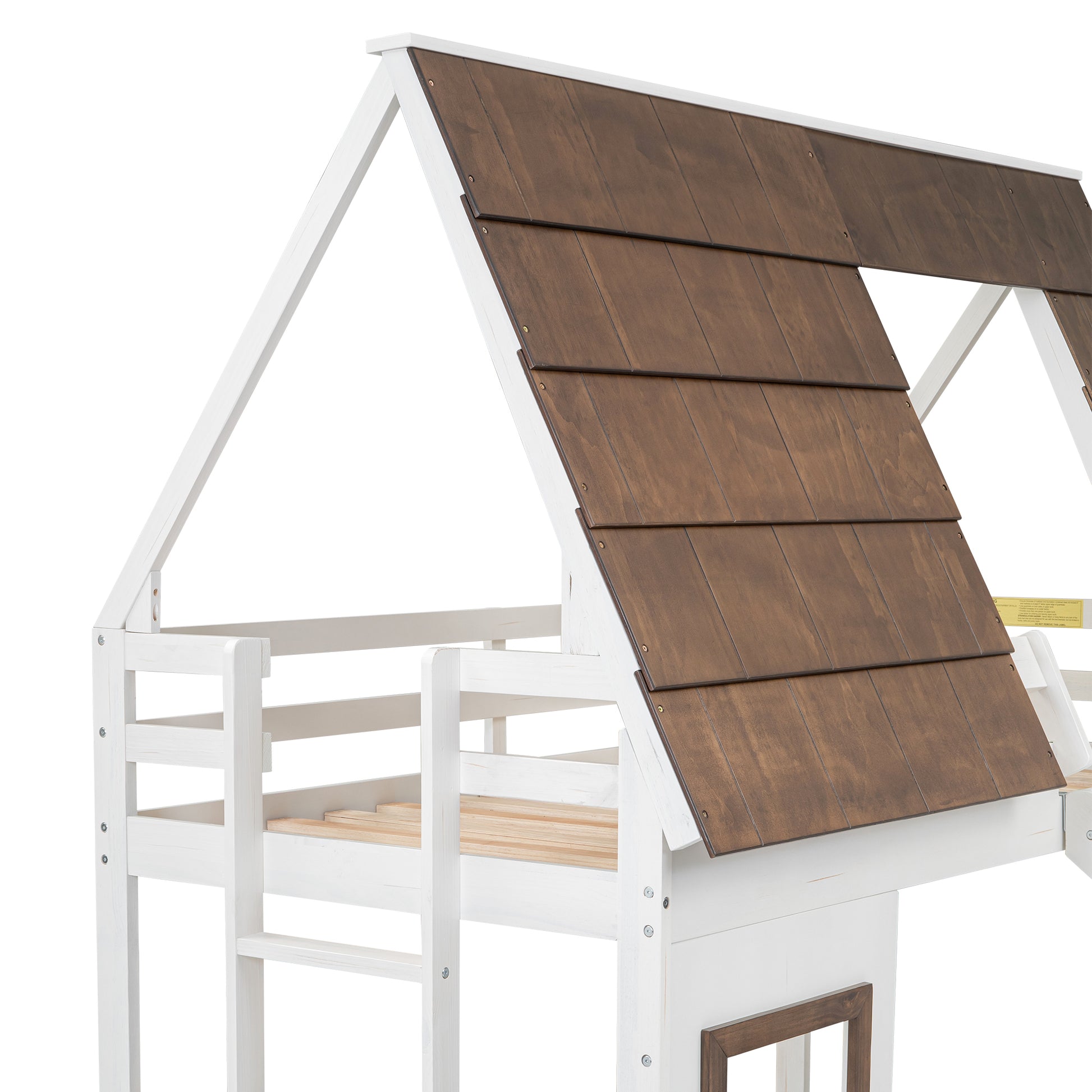 White wooden playhouse bunk bed frame with dark wood shingle roof detail