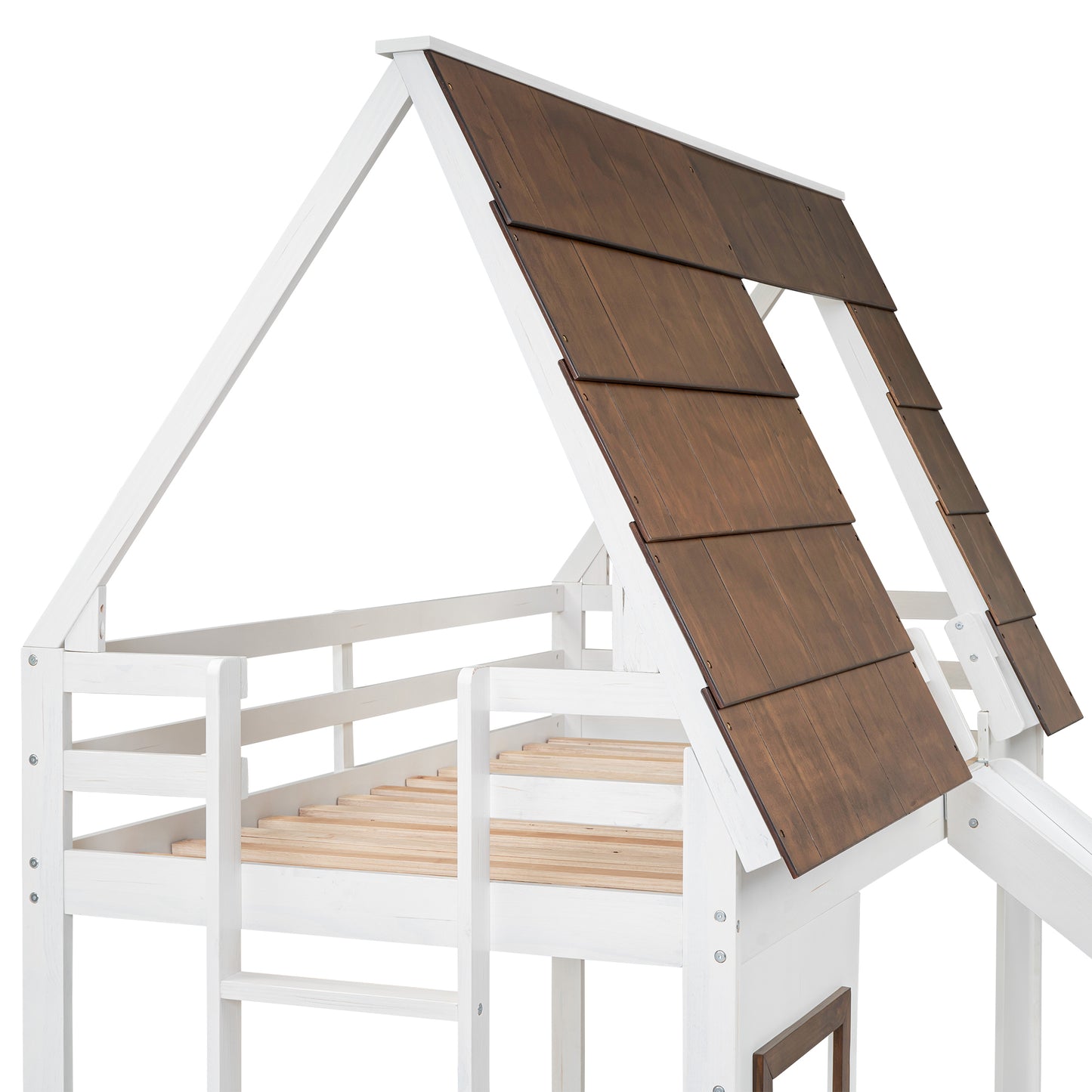 White wooden house bed with brown shingle roof detail