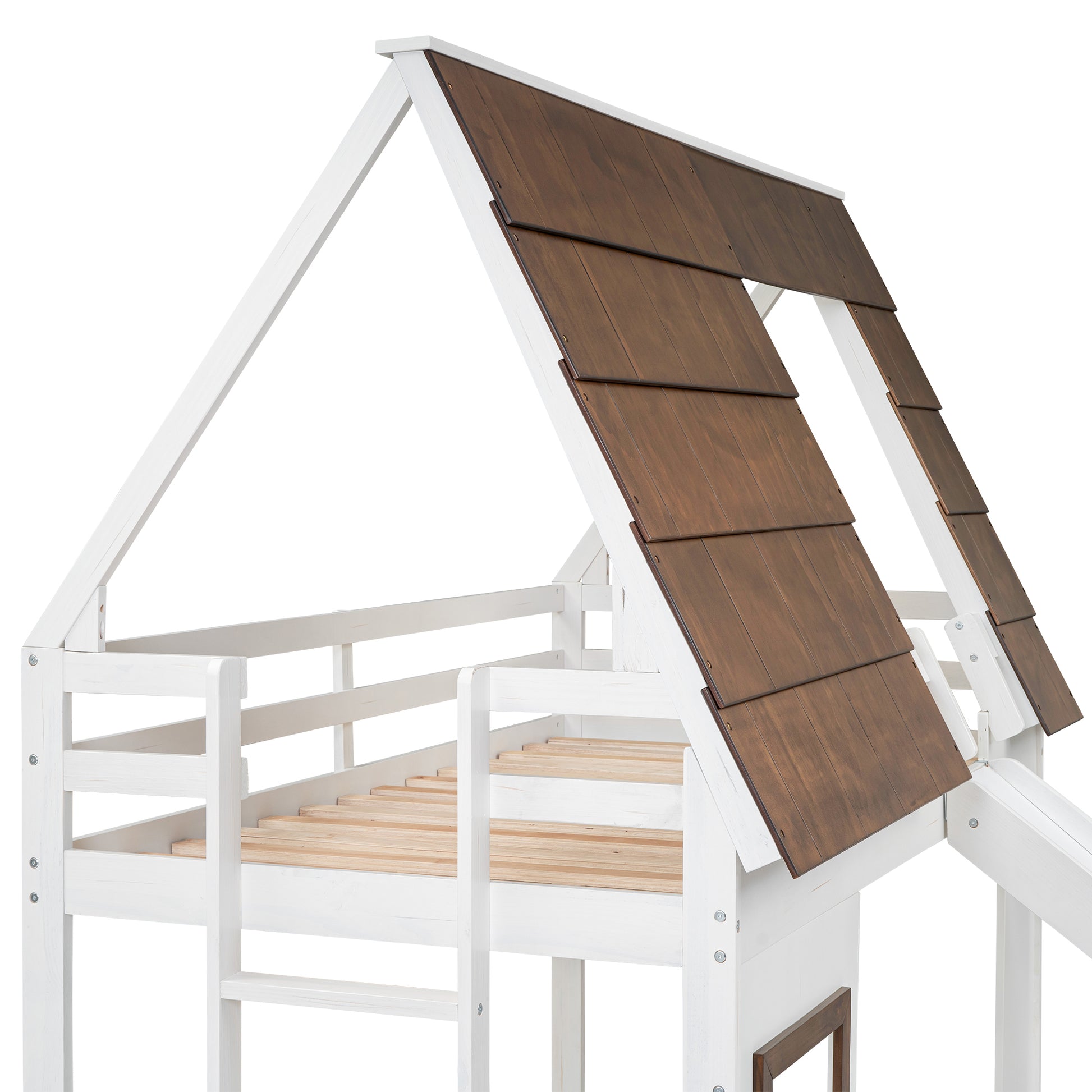 White wooden house bed with brown shingle roof detail