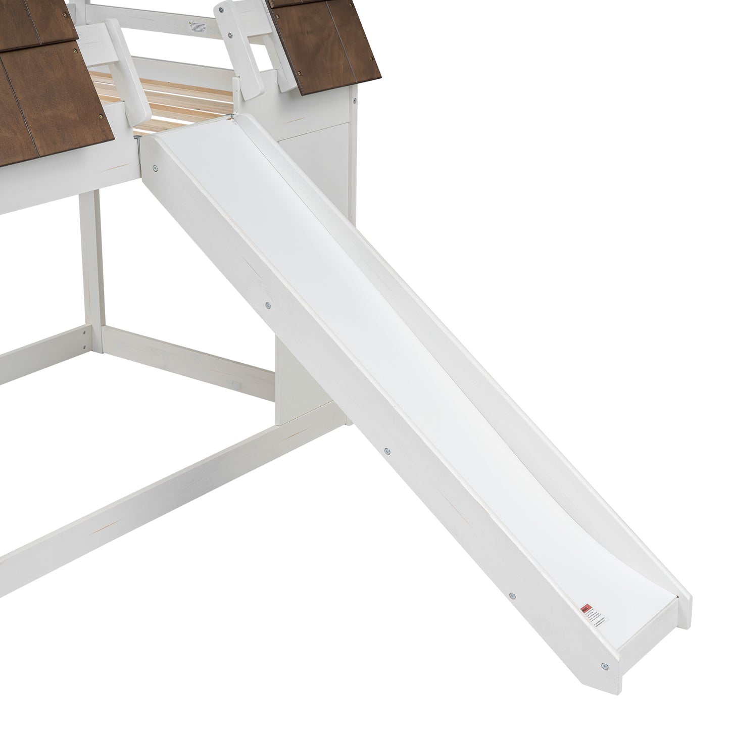 White wooden slide attached to a childrens loft bed