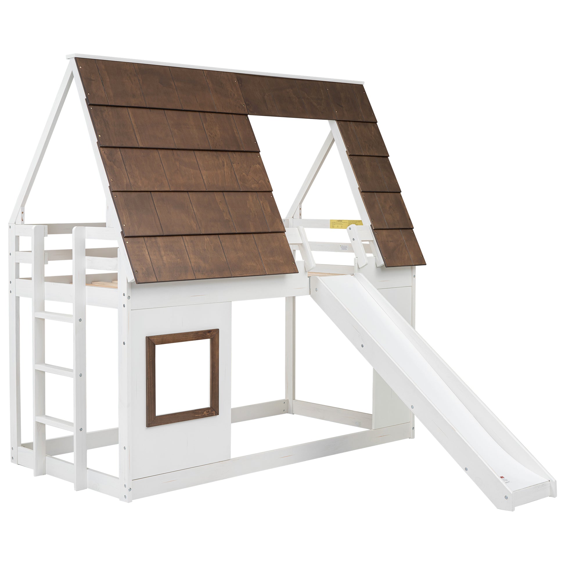 White twin loft bed with woodshingled roof and slide for kids