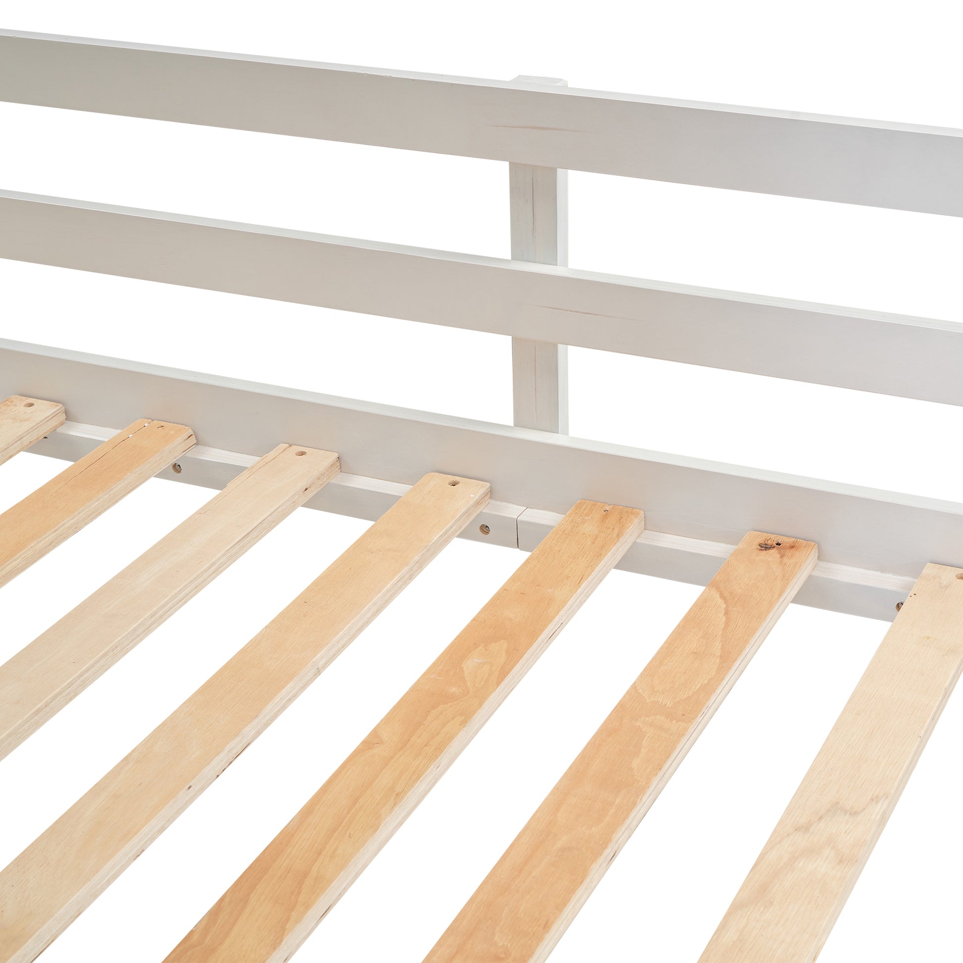 White wooden bed frame slats with natural wood support beams