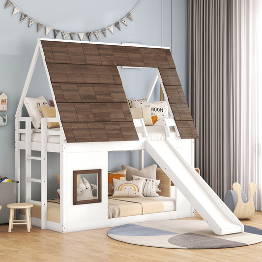 White twin over twin house bunk bed with slide and dark wood roof