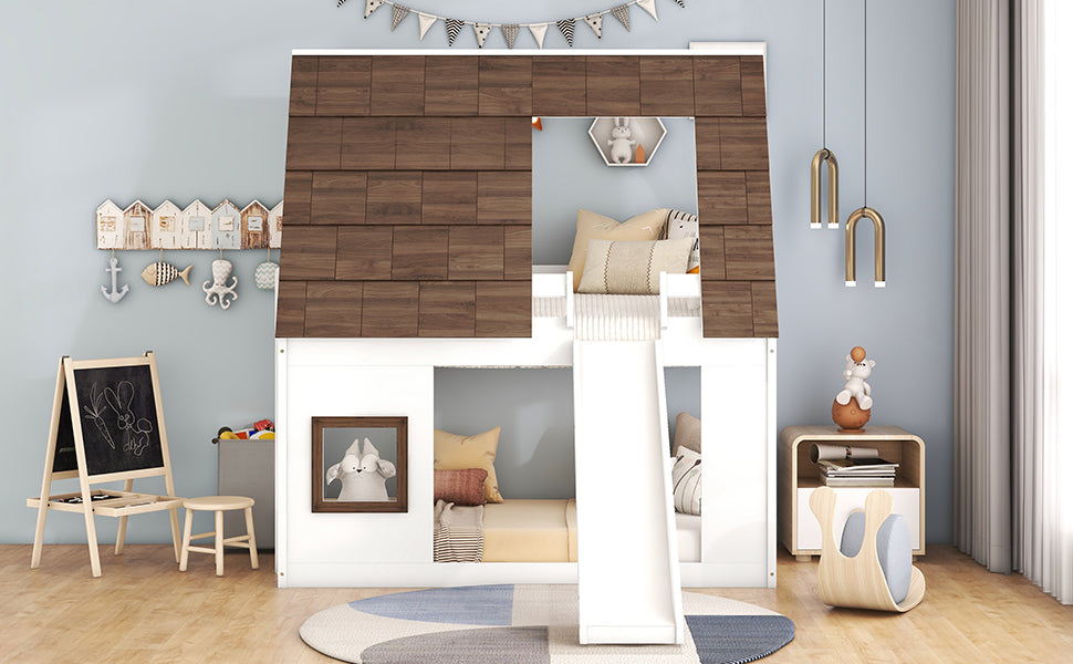 White wooden playhouse bed with slide and woodgrain roof