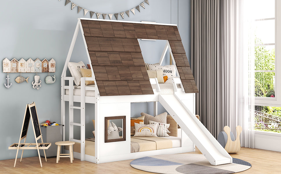 White house bunk bed with slide and wood shingle roof