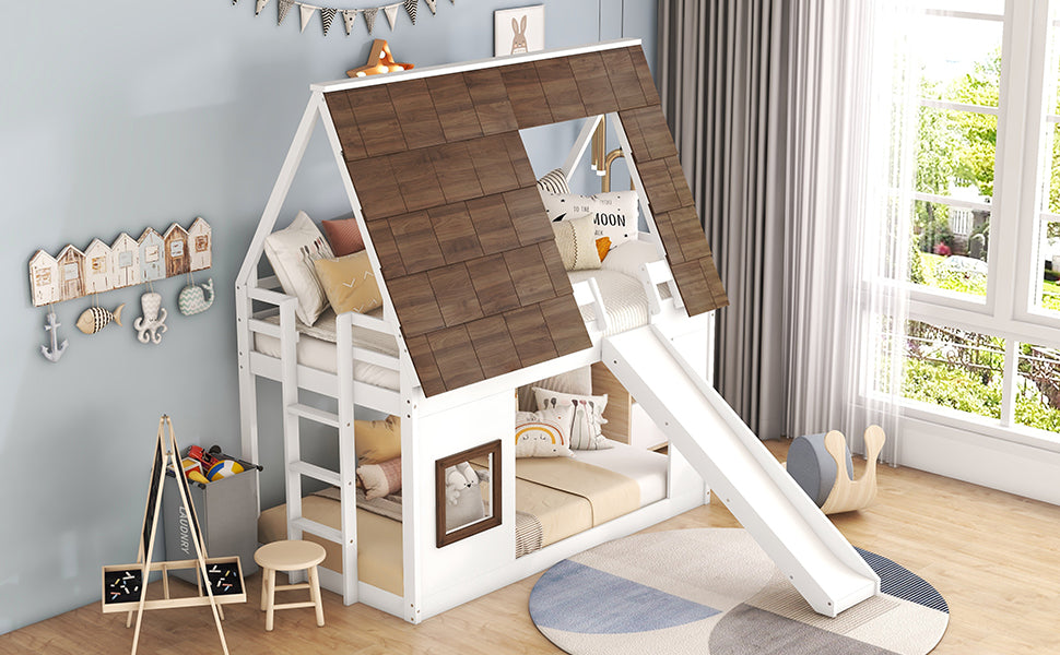 White wooden house bunk bed with slide and brown roof