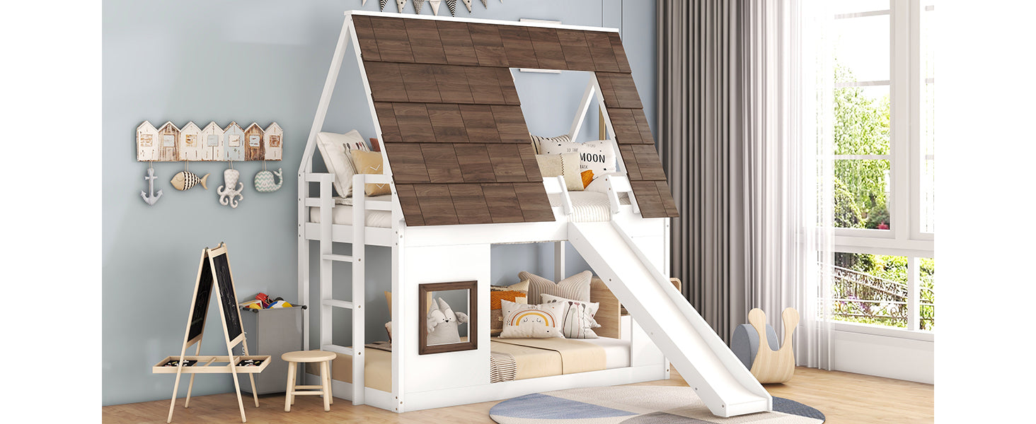White wooden house bunk bed with slide for kids