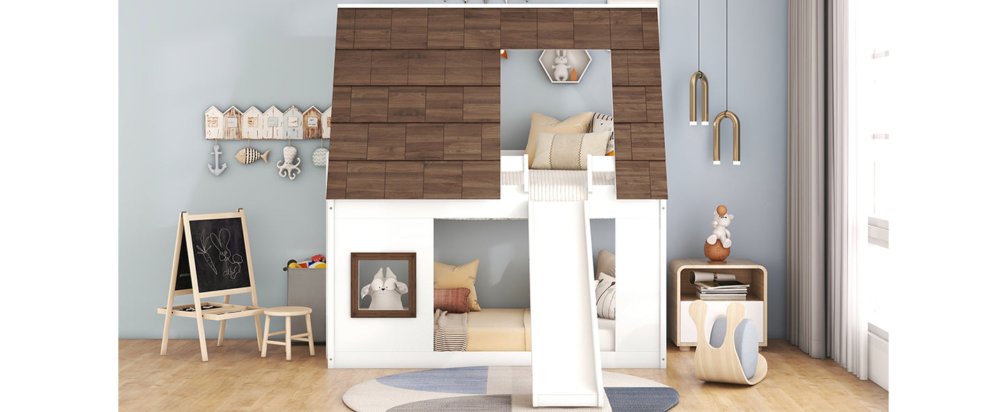White wooden bunk bed with a white slide and woodshingled roof for kids room