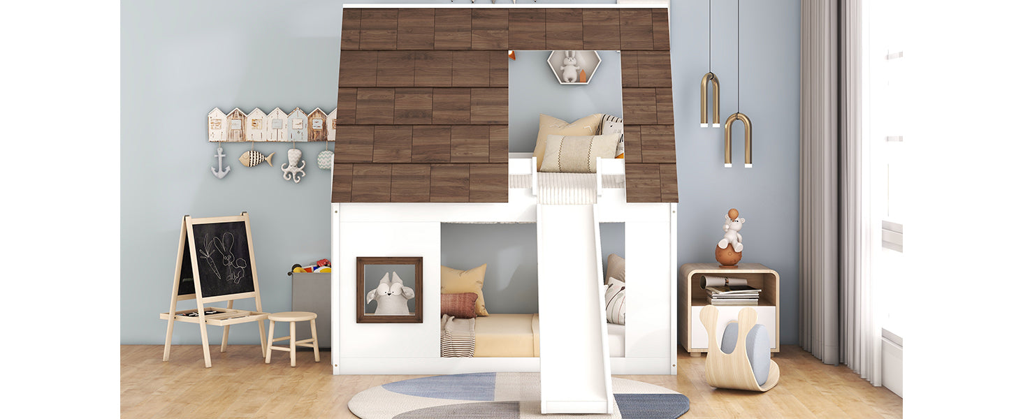 White wooden bunk bed with a white slide and woodshingled roof for kids room
