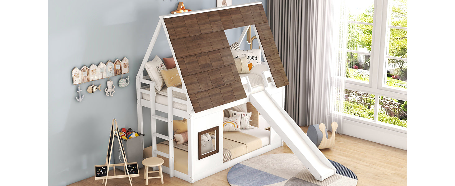 White wooden bunk bed with slide and houseshaped roof