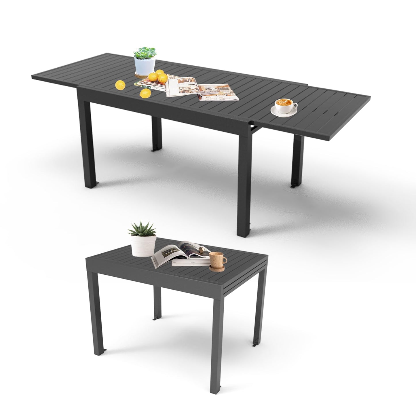 Gray metal extendable dining table with slatted top