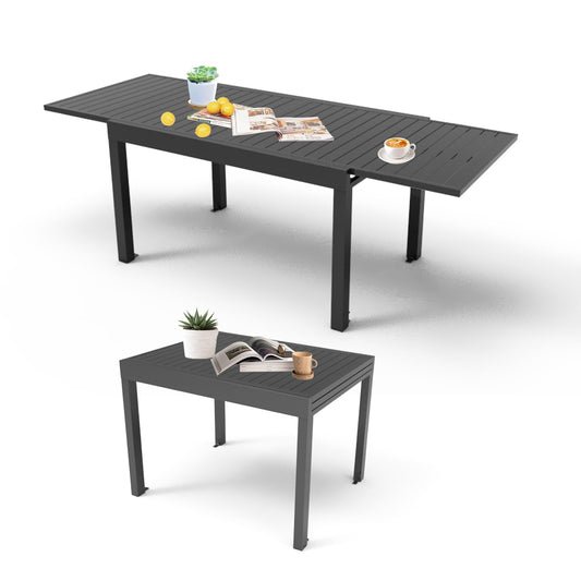 Gray metal extendable dining table with slatted top