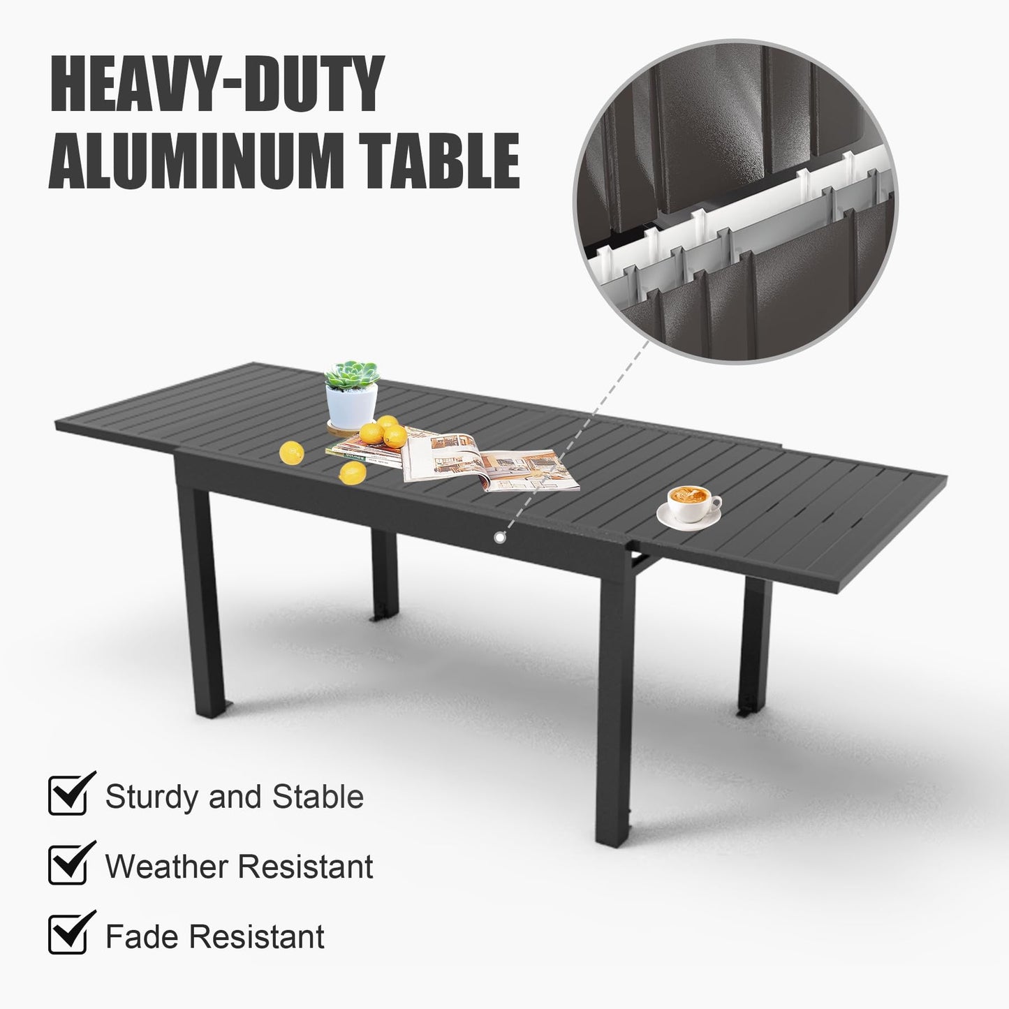 Dark gray heavyduty aluminum patio table with slatted top