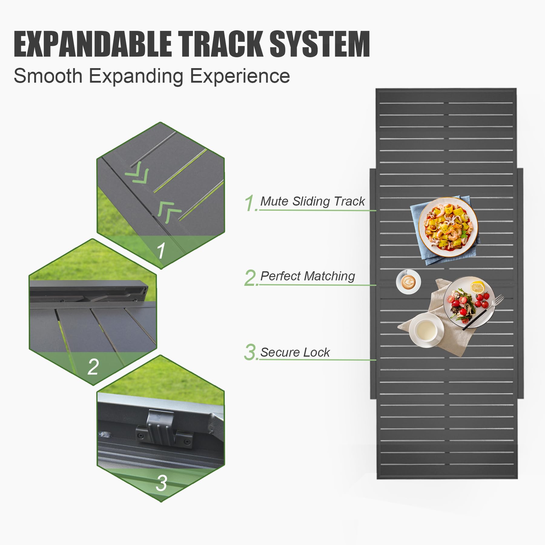 Closeup of dark gray metal table track system with directional arrows