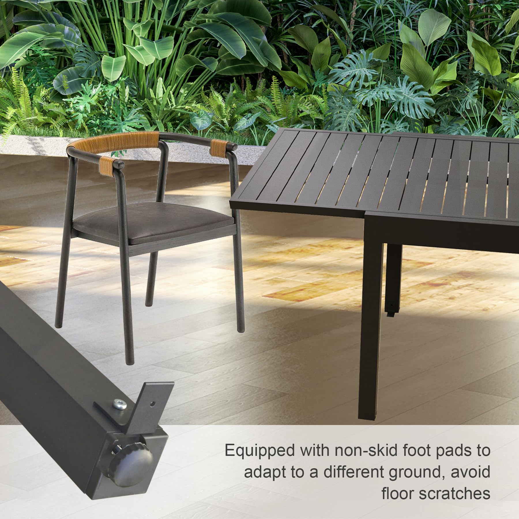 Dark grey metal dining chair with woven armrests on patio