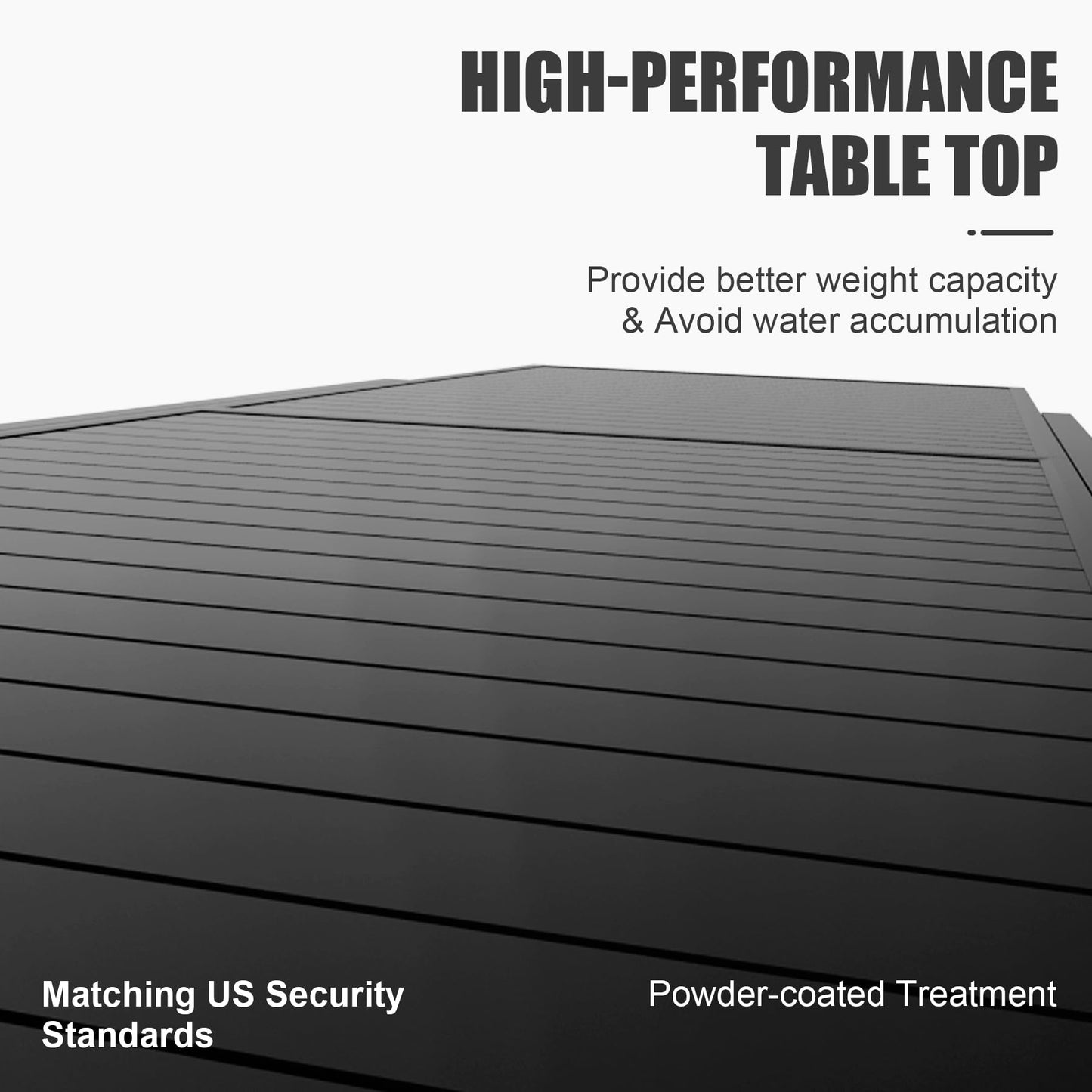 Black powdercoated outdoor table top with slatted design