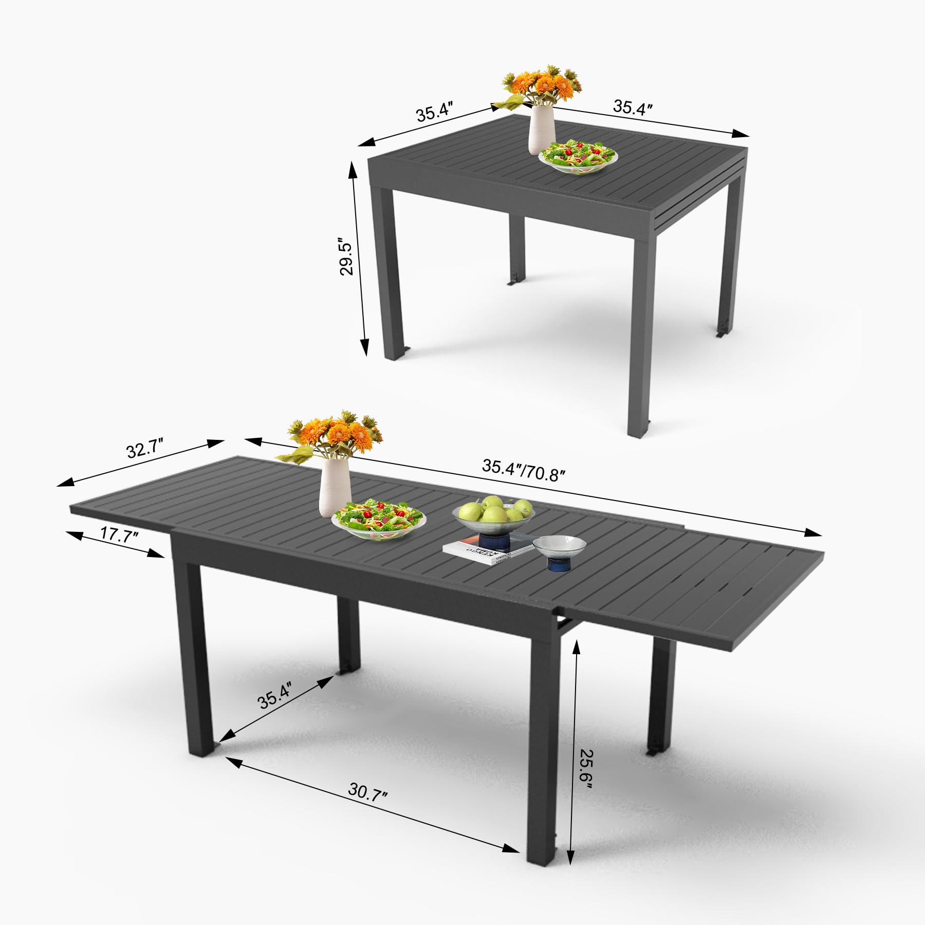 Dark gray rectangular outdoor dining table with slatted top