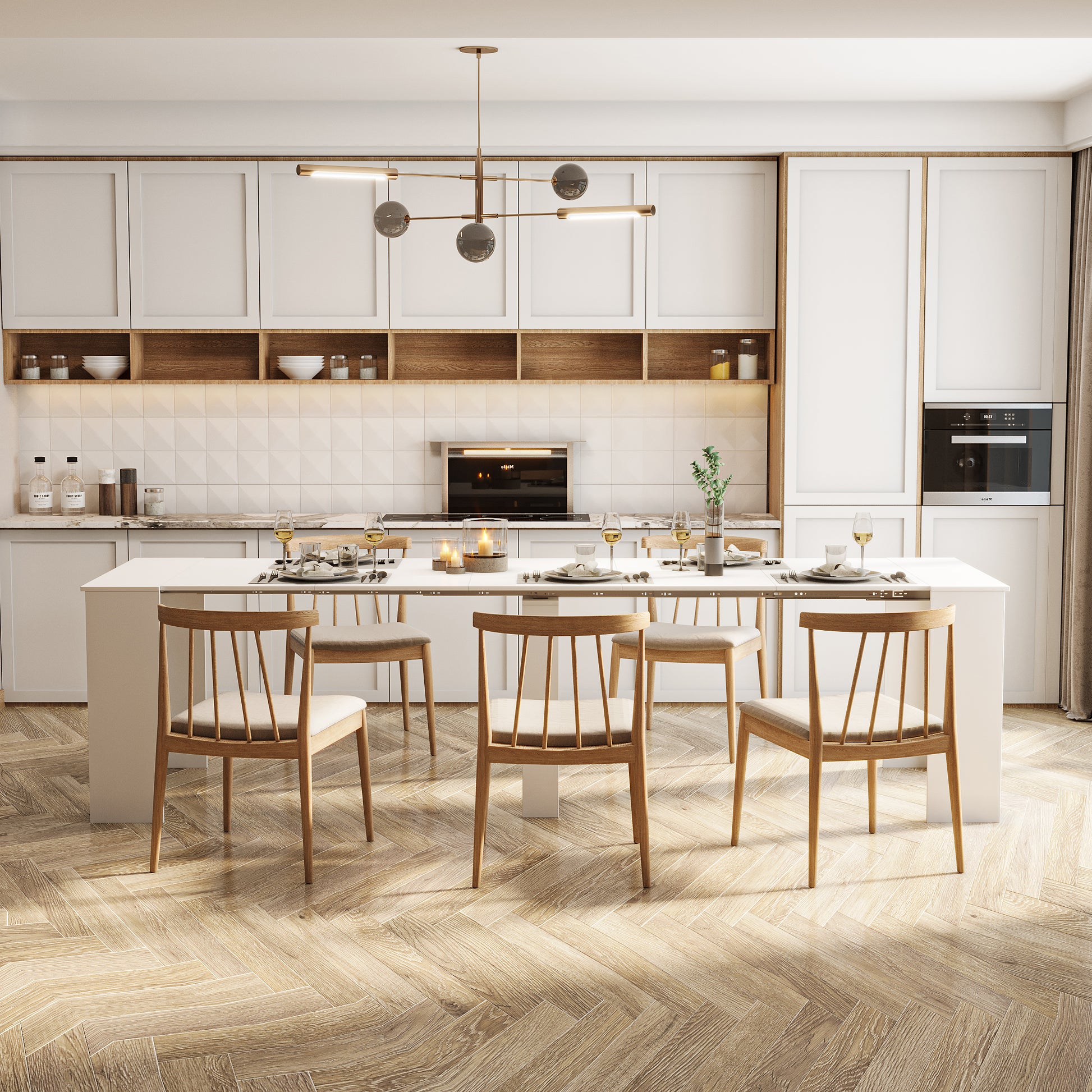 Elegant modern kitchen with white cabinets and a spacious dining island featuring wooden chairs for a family meal