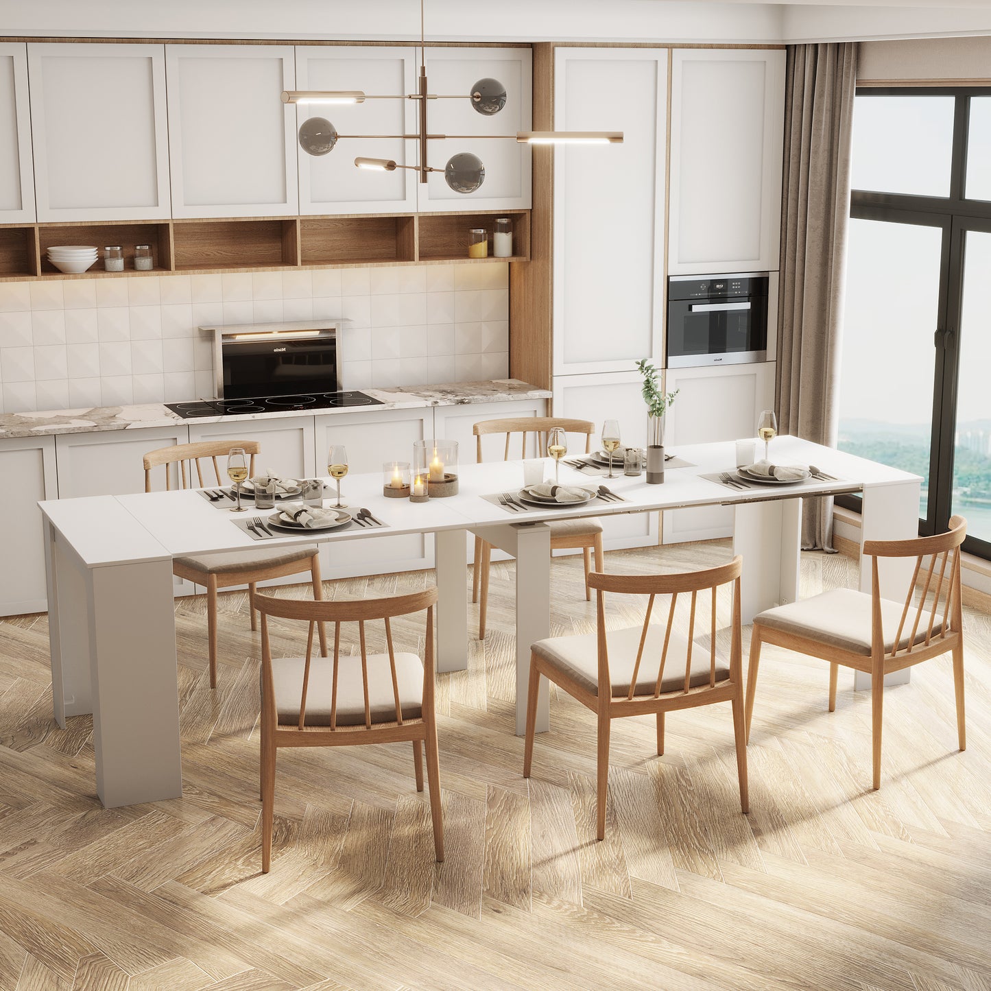 Modern extendable dining table set with  chairs in a bright kitchen setting