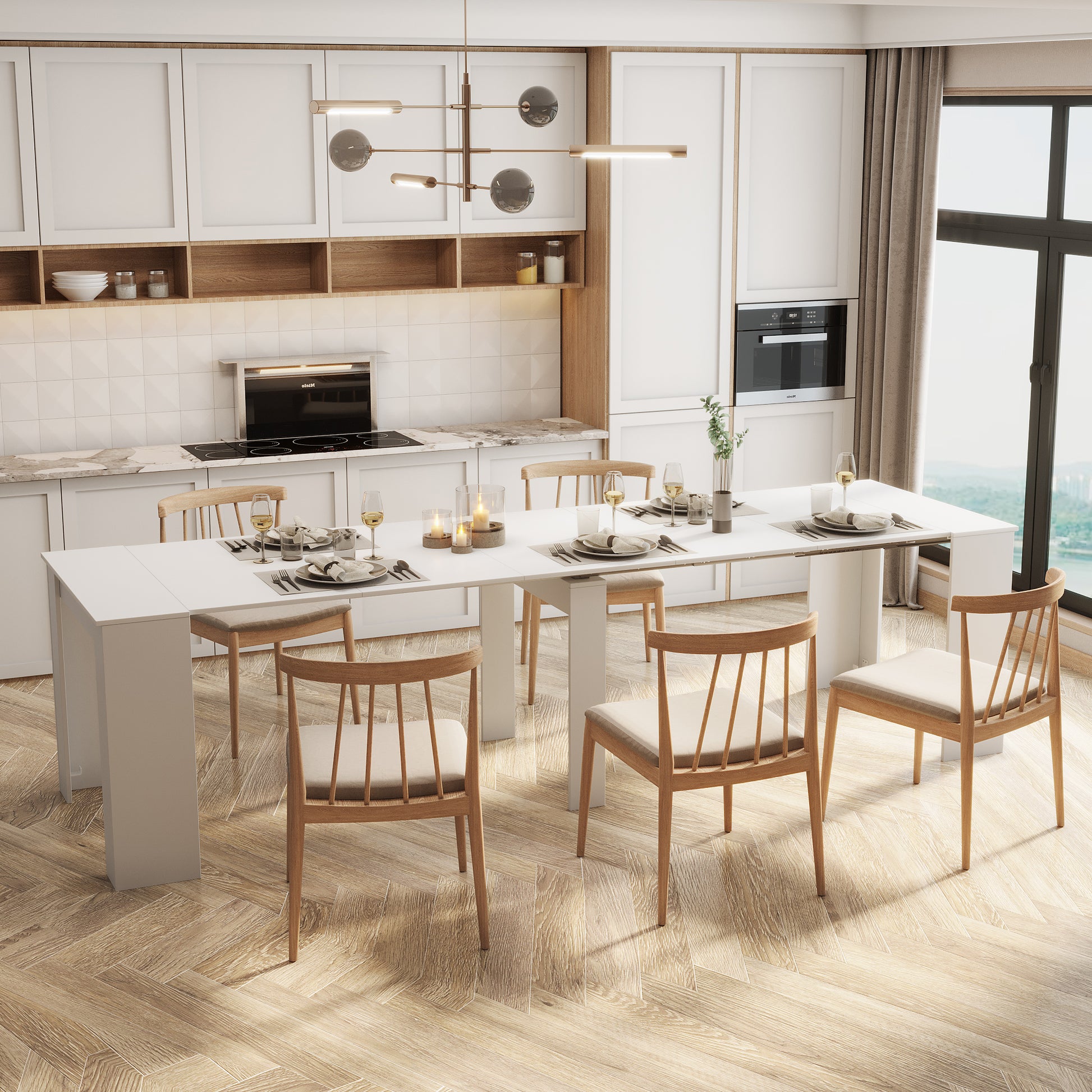 Modern extendable dining table set with  chairs in a bright kitchen setting
