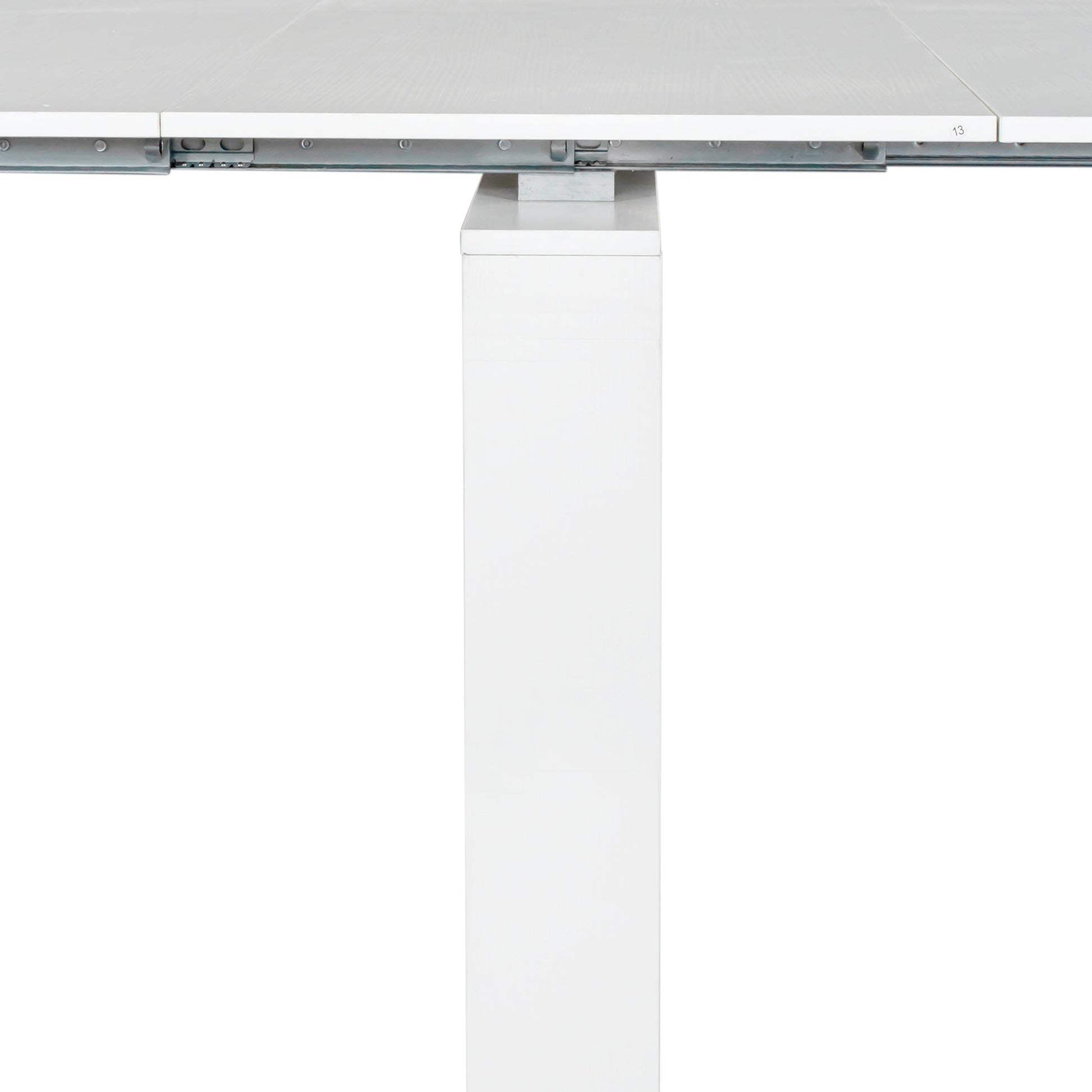 White extendable dining table base with metal sliding mechanism