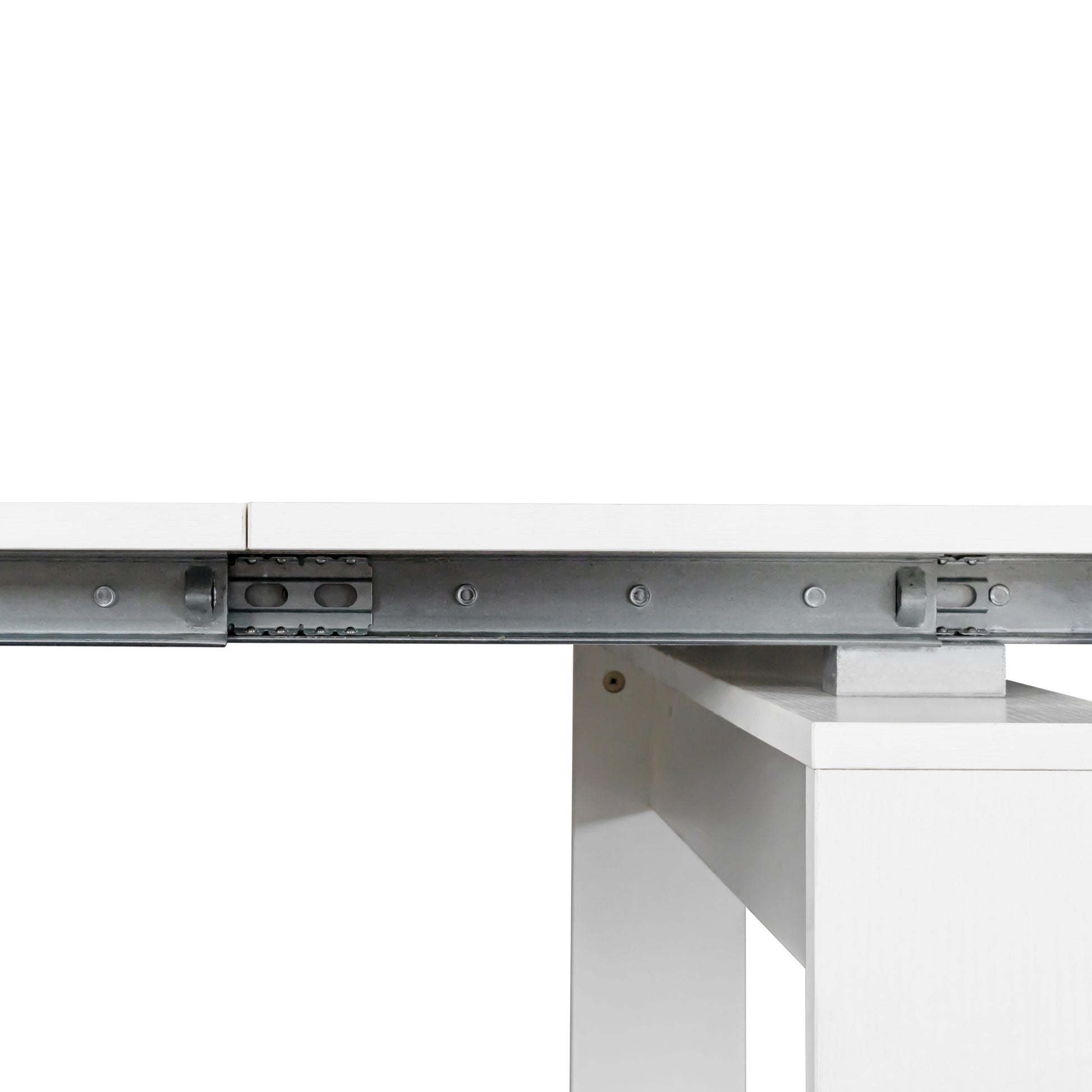 White dining table extension mechanism with smooth metal runners