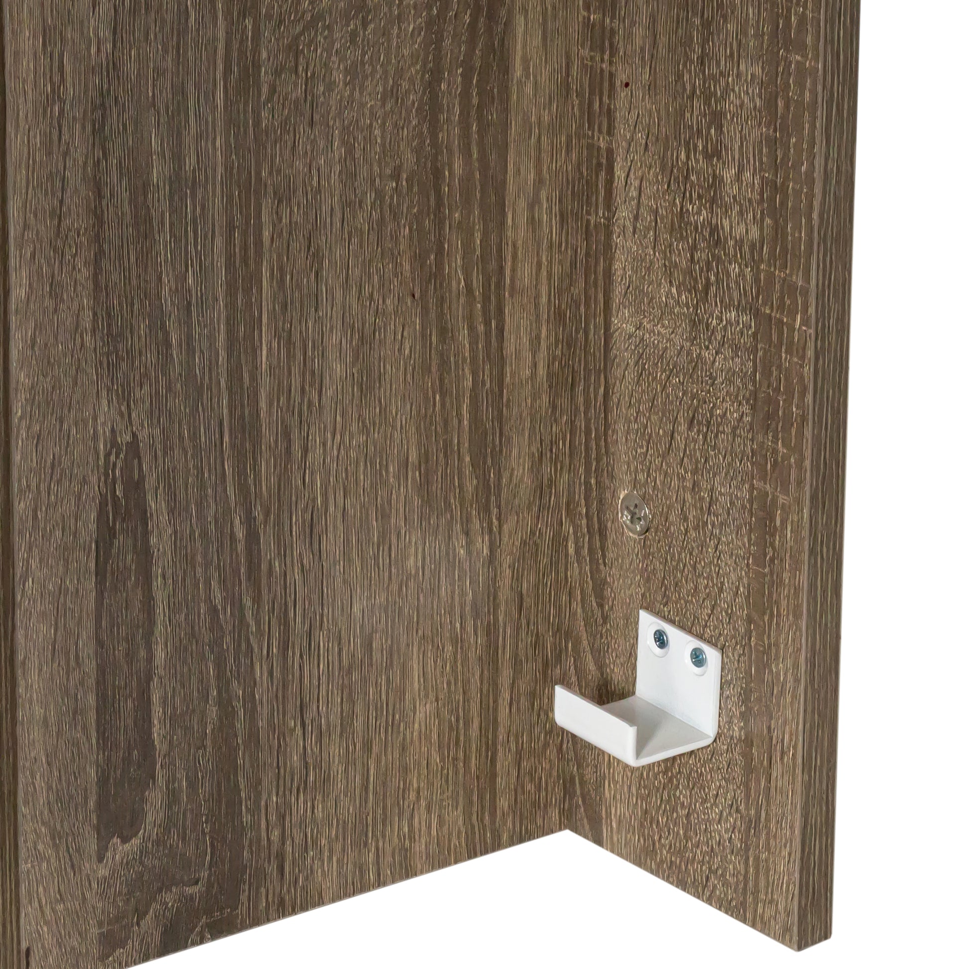 Brown wood grain laminate shelving unit corner with white bracket
