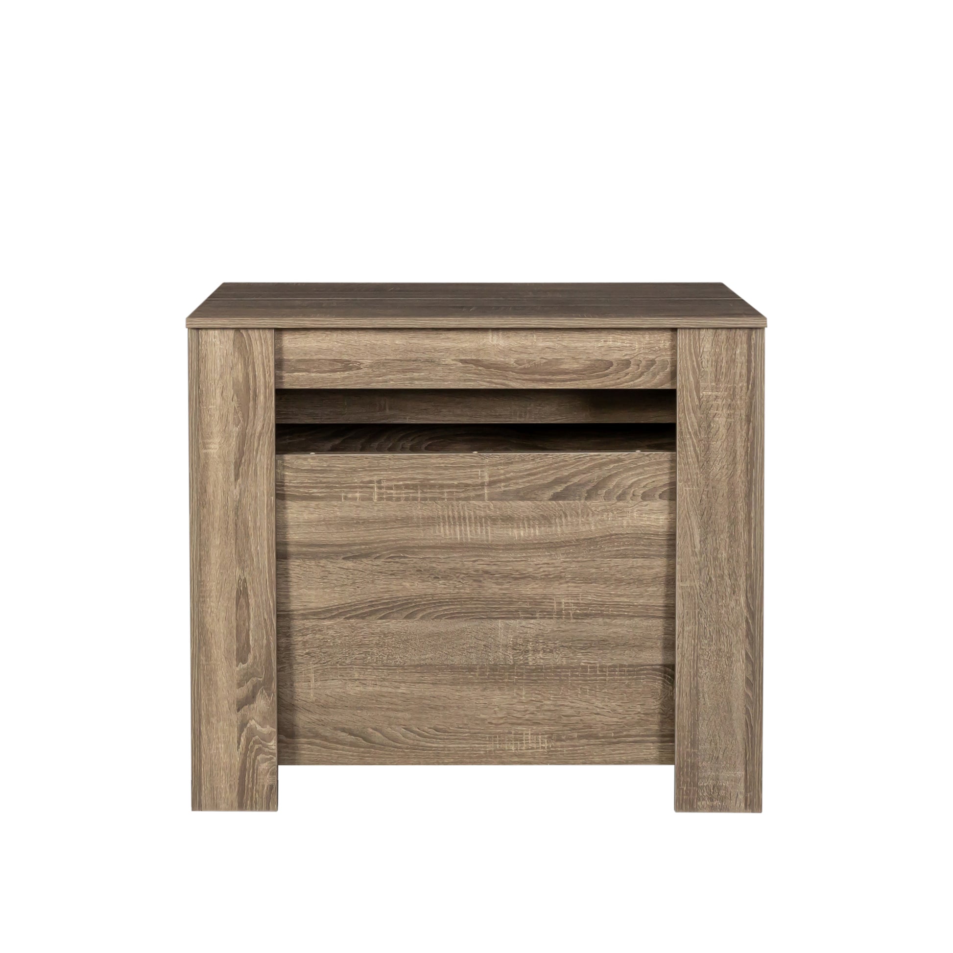 Modern oak veneer bedside table with open shelf and drawer