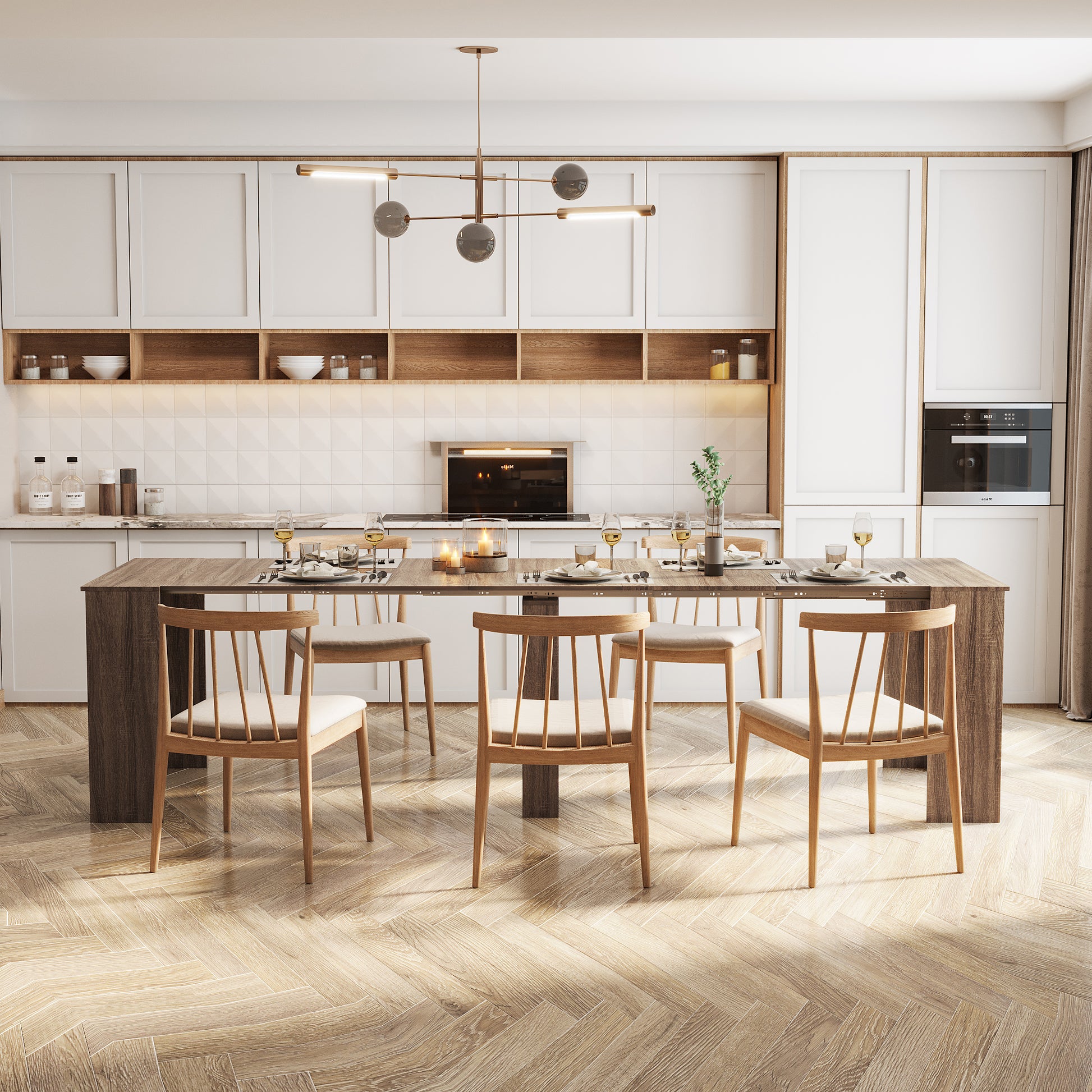 Modern kitchen with white cabinets and dark wood island dining table