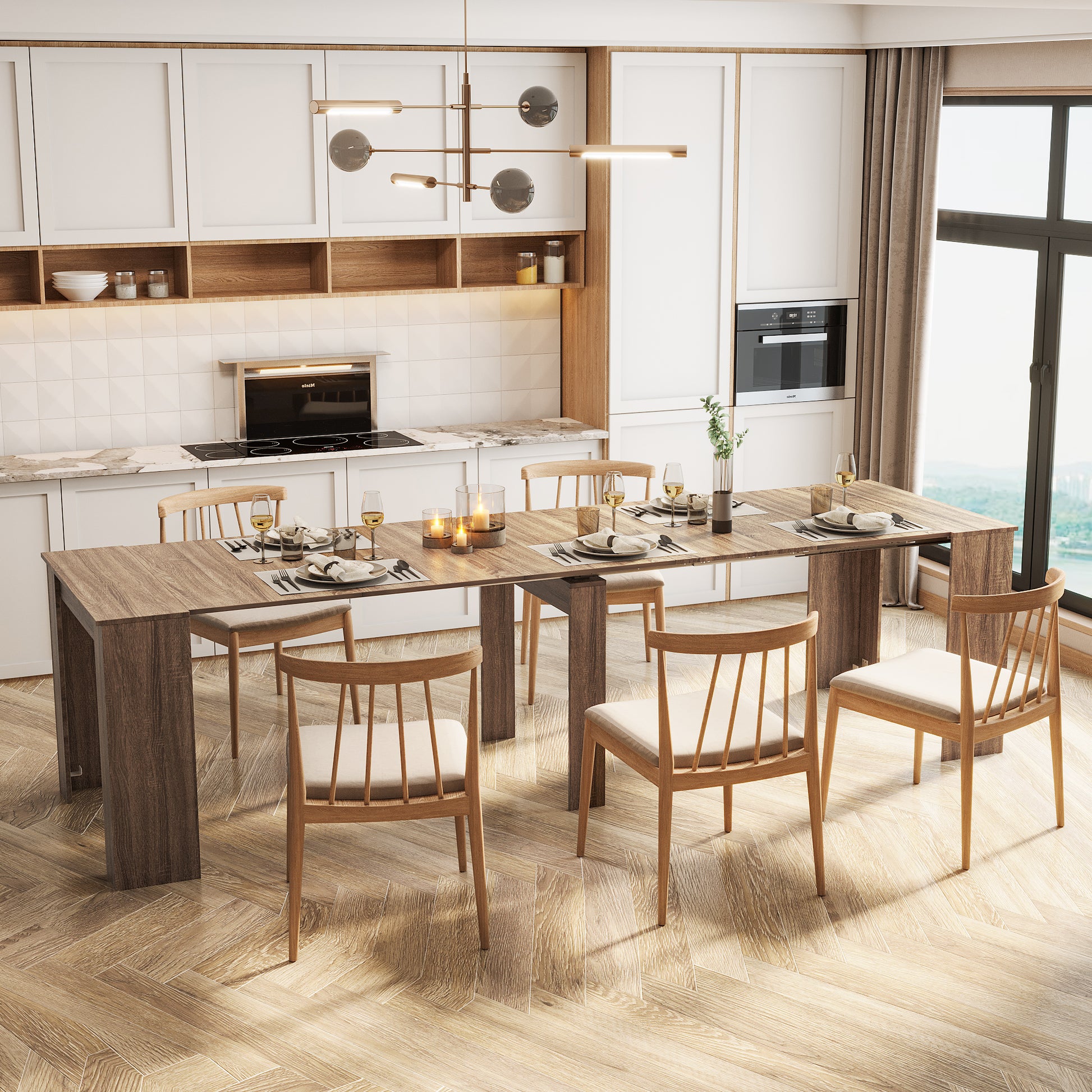 Modern dining room with extendable wooden table and light oak chairs